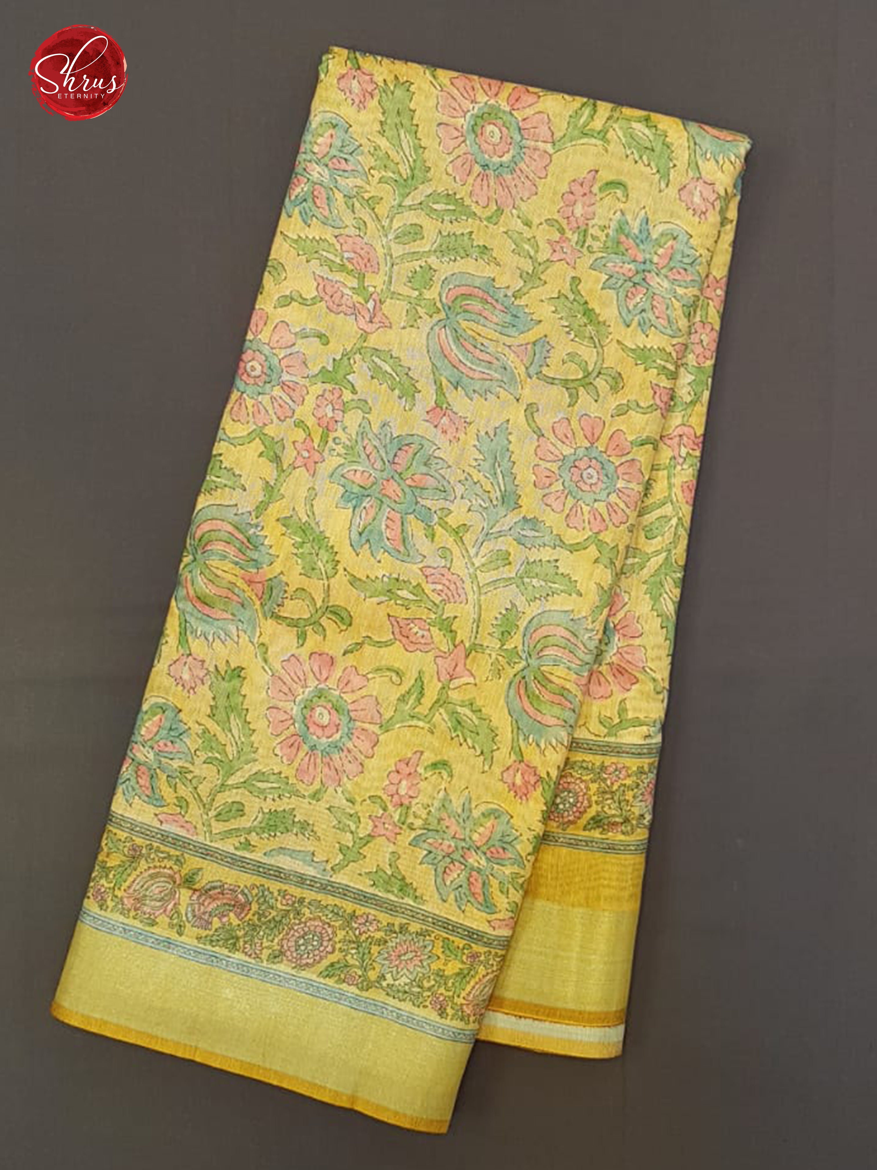 Yellow & Green -  Semi Gicha with floral print on the body & Zari Border - Shop on ShrusEternity.com