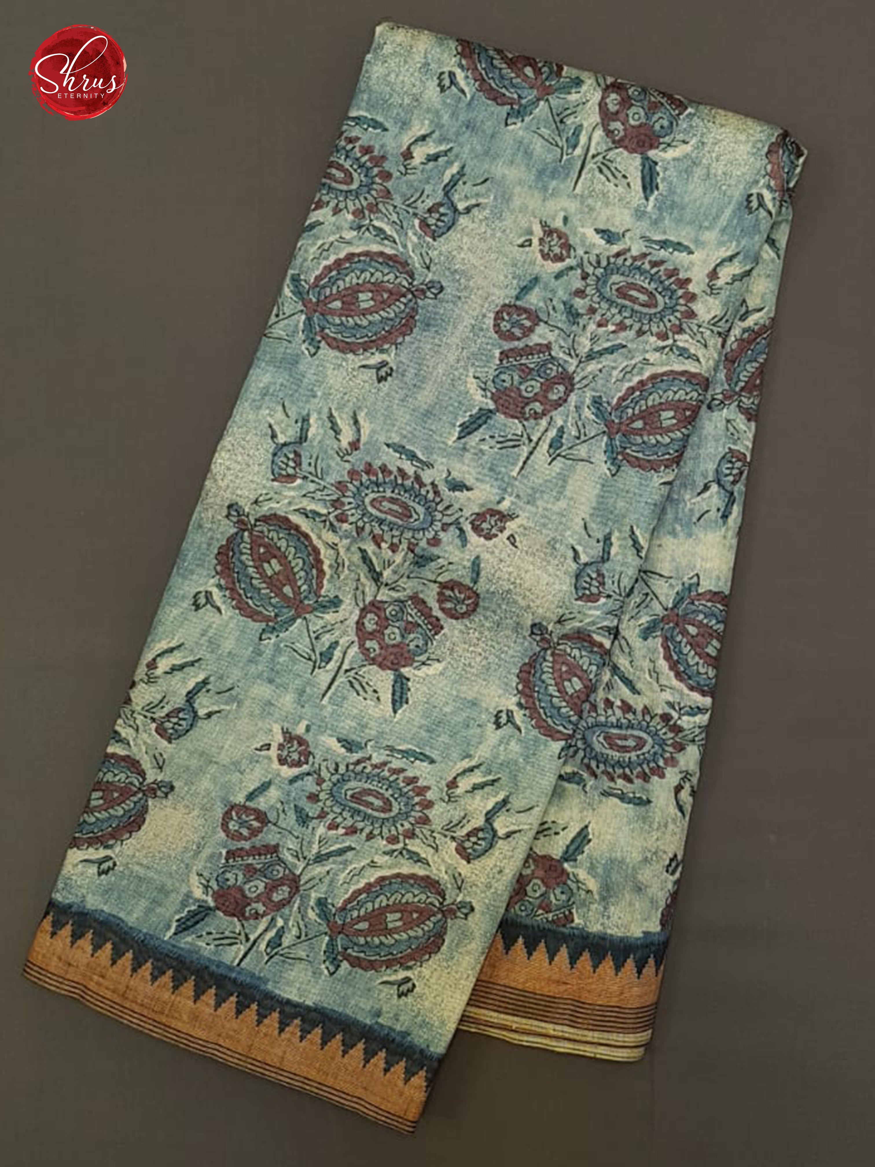 Blue(Single Tone)- Semi Gicha with floral print on the body &  Border - Shop on ShrusEternity.com