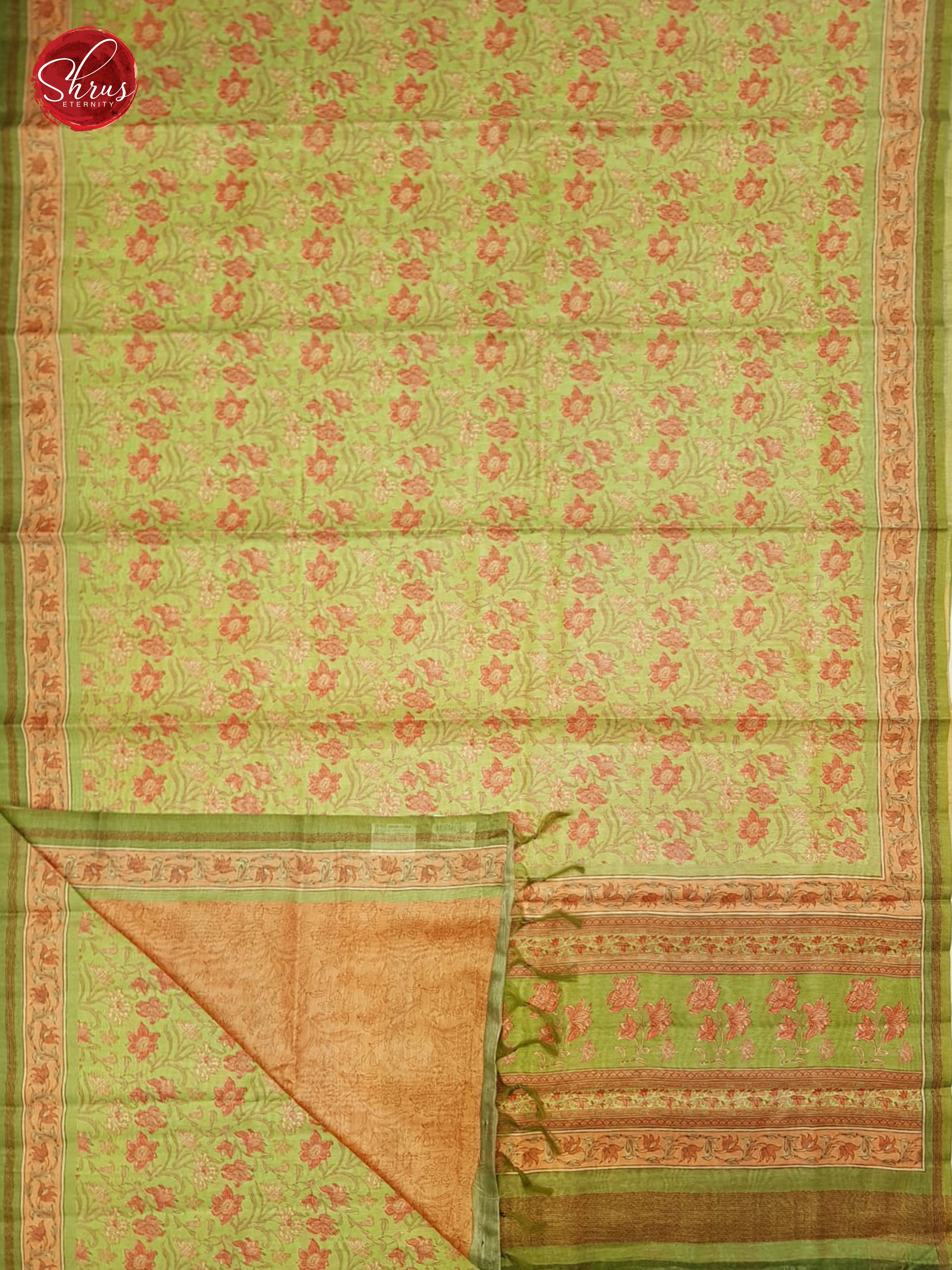 Green & Brown -  Semi Gicha with floral print on the body &   Border - Shop on ShrusEternity.com