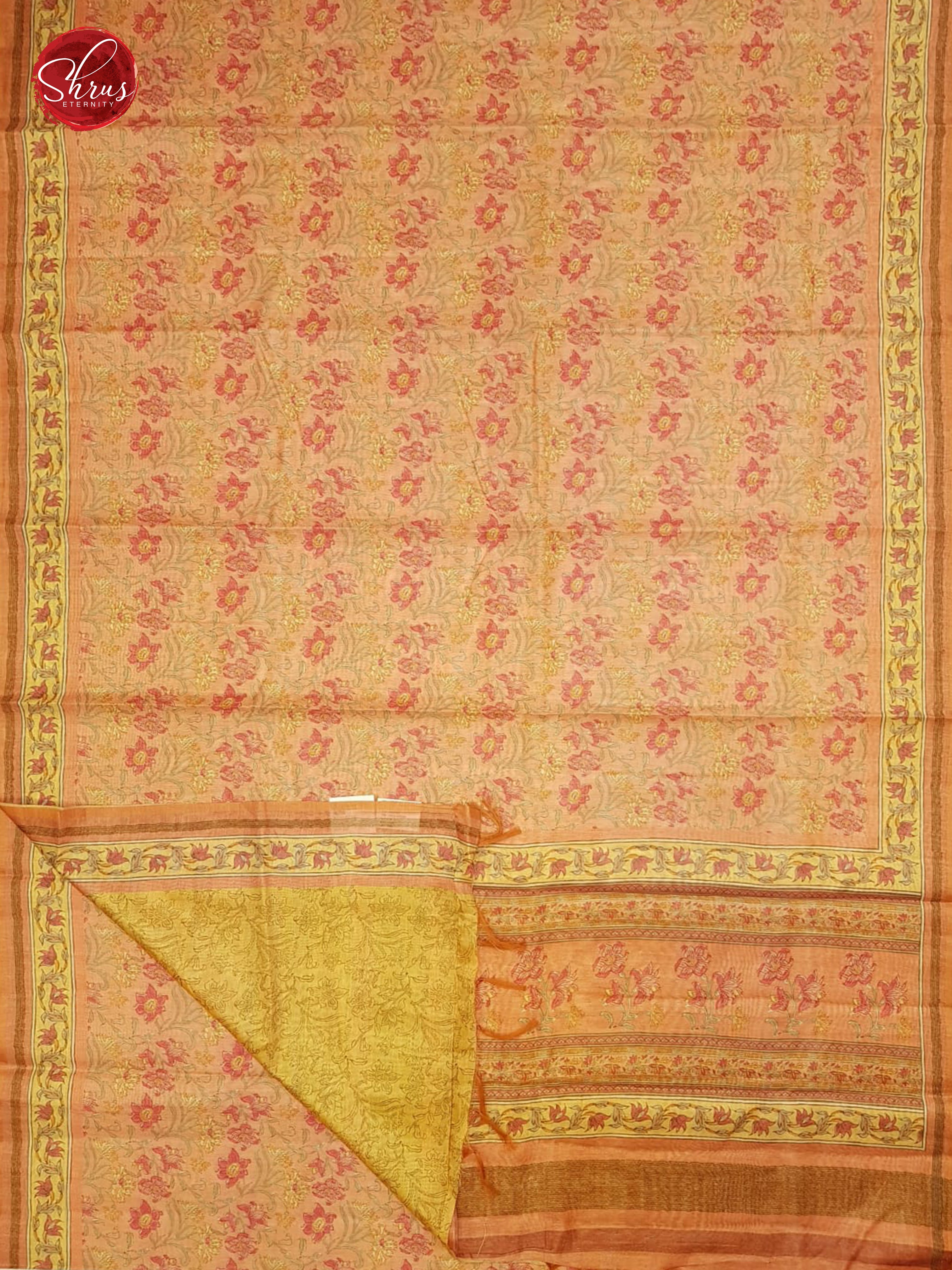 Peachish Pink & Yellow -  Semi Gicha with floral print on the body &   Border - Shop on ShrusEternity.com