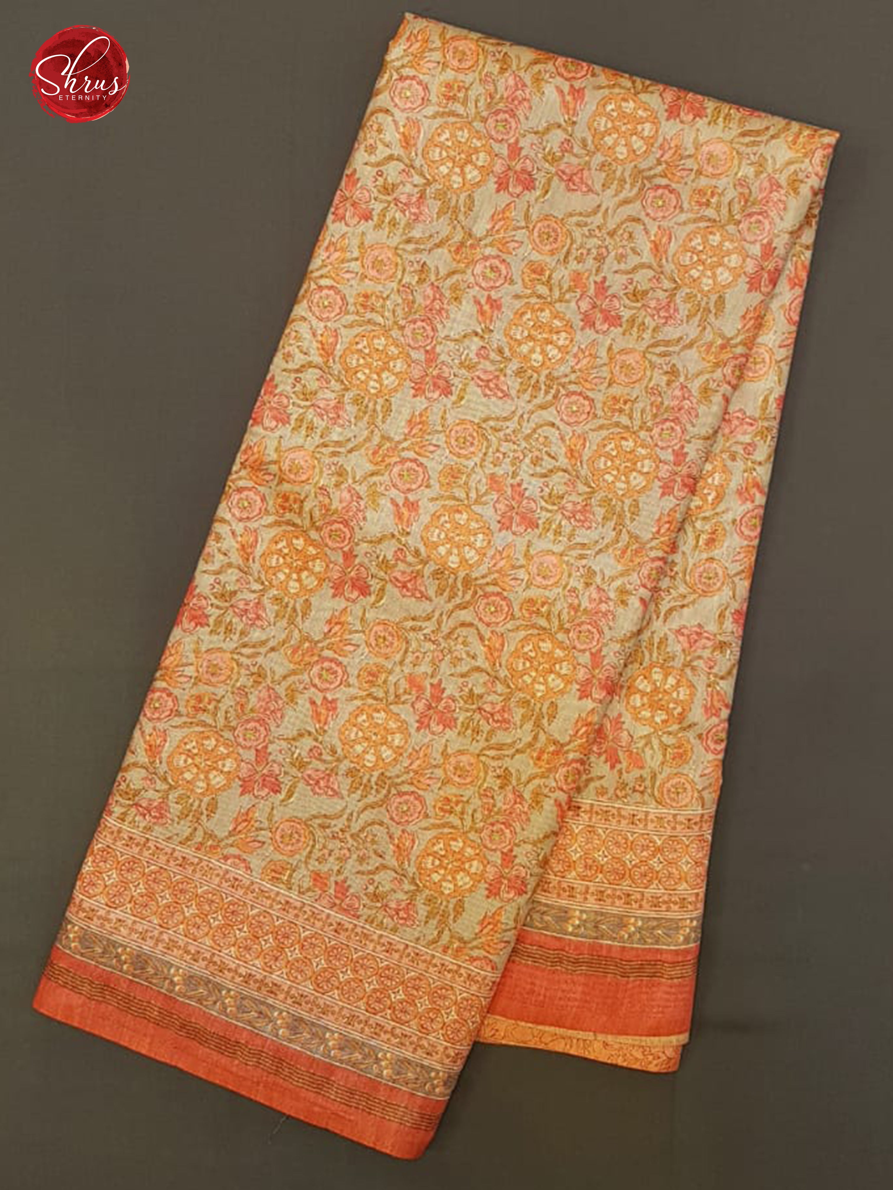 Grey & Pink - Semi Gicha with floral print on the body & Zari Border - Shop on ShrusEternity.com