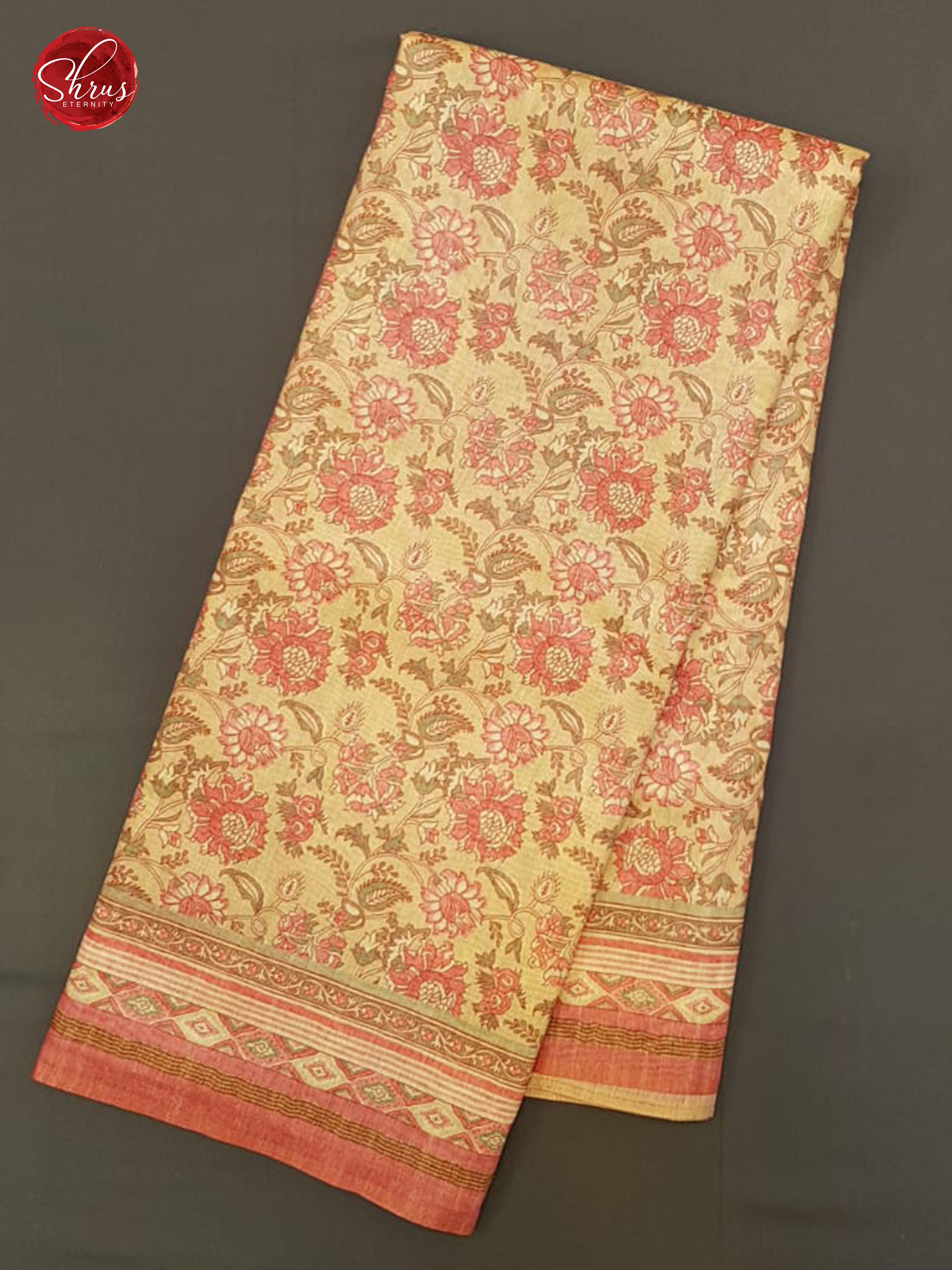 Sandal & Pink -Semi Gicha with floral print on the body & Zari Border - Shop on ShrusEternity.com