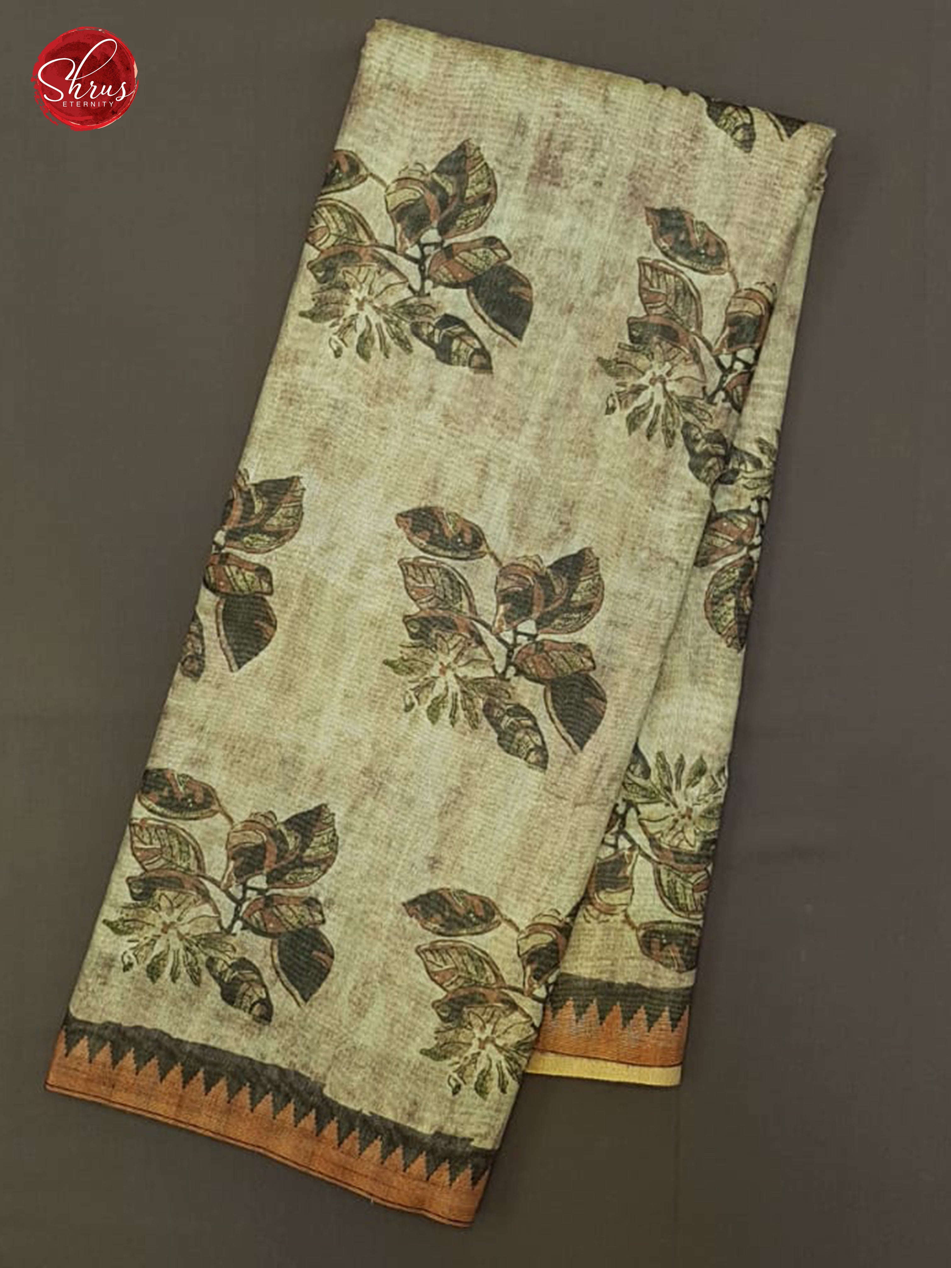 Greyish Green & Brown -   Semi Gicha with floral print on the body & Zari Border - Shop on ShrusEternity.com