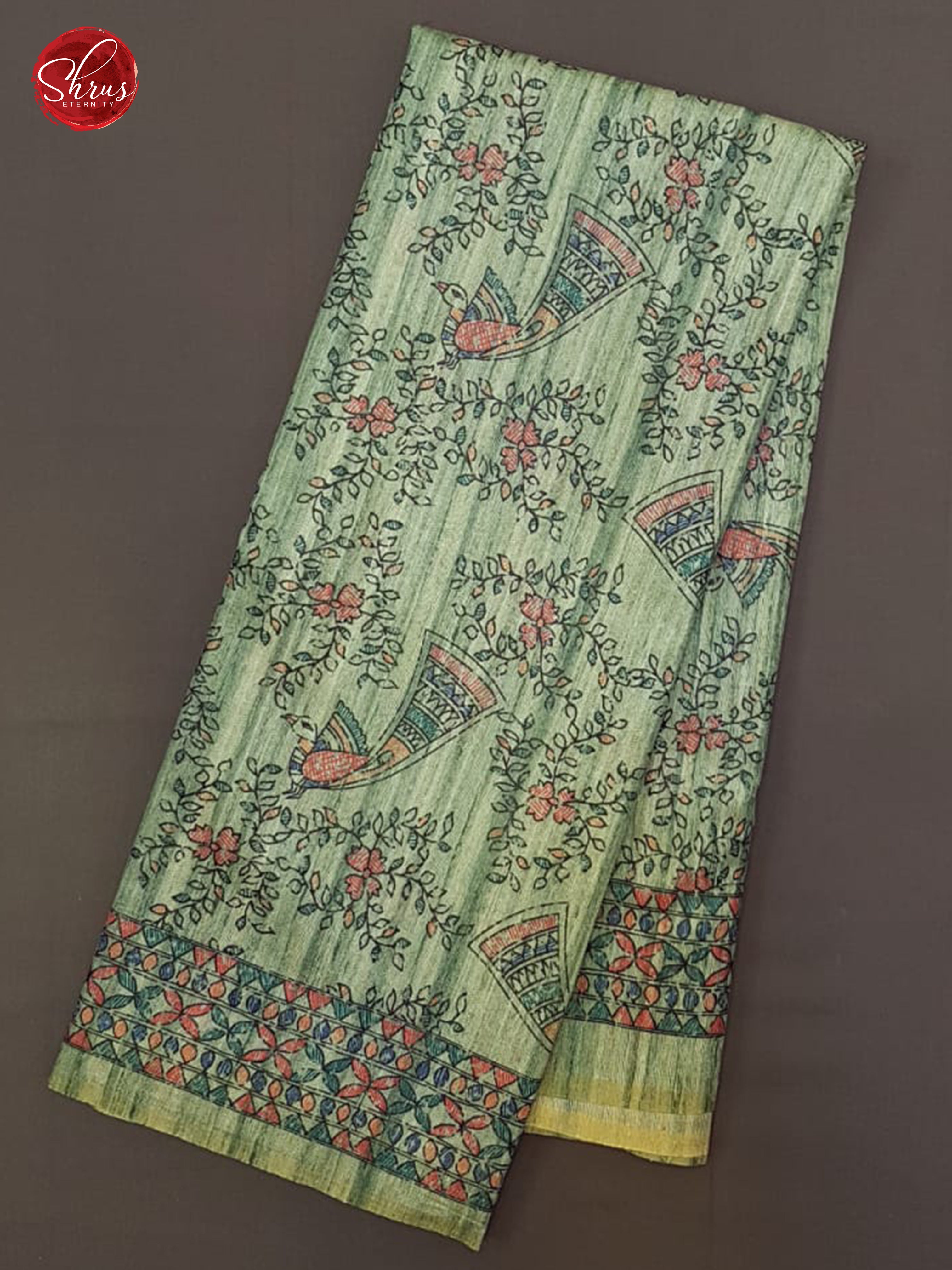 Green(Single tone)- Semi Gicha with floral print on the body & Zari Border - Shop on ShrusEternity.com
