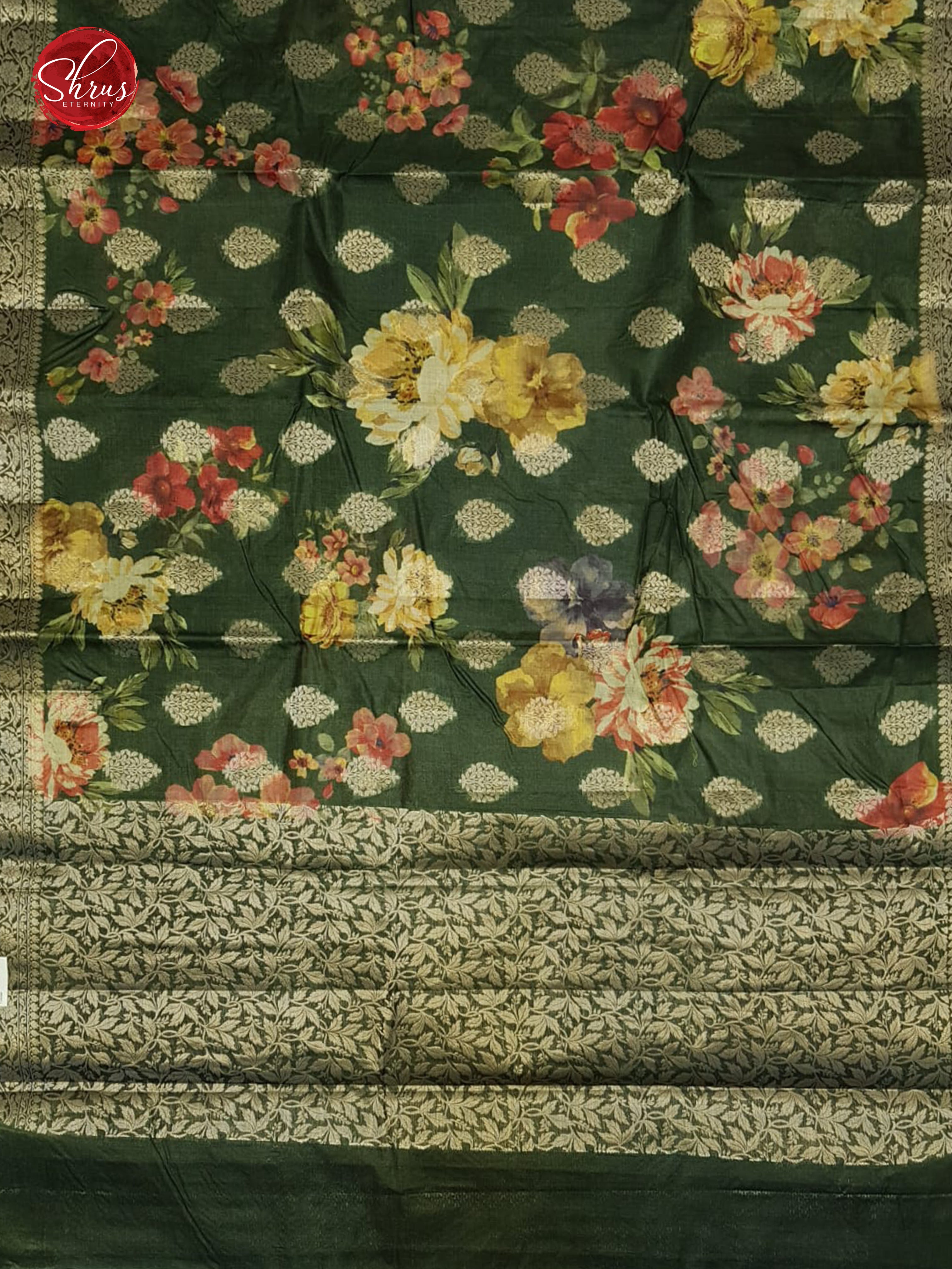 Green(Single Tone)-Tussar  Silk with  floral print ,zari woven floral motifs on the Body & Zari Border - Shop on ShrusEternity.com