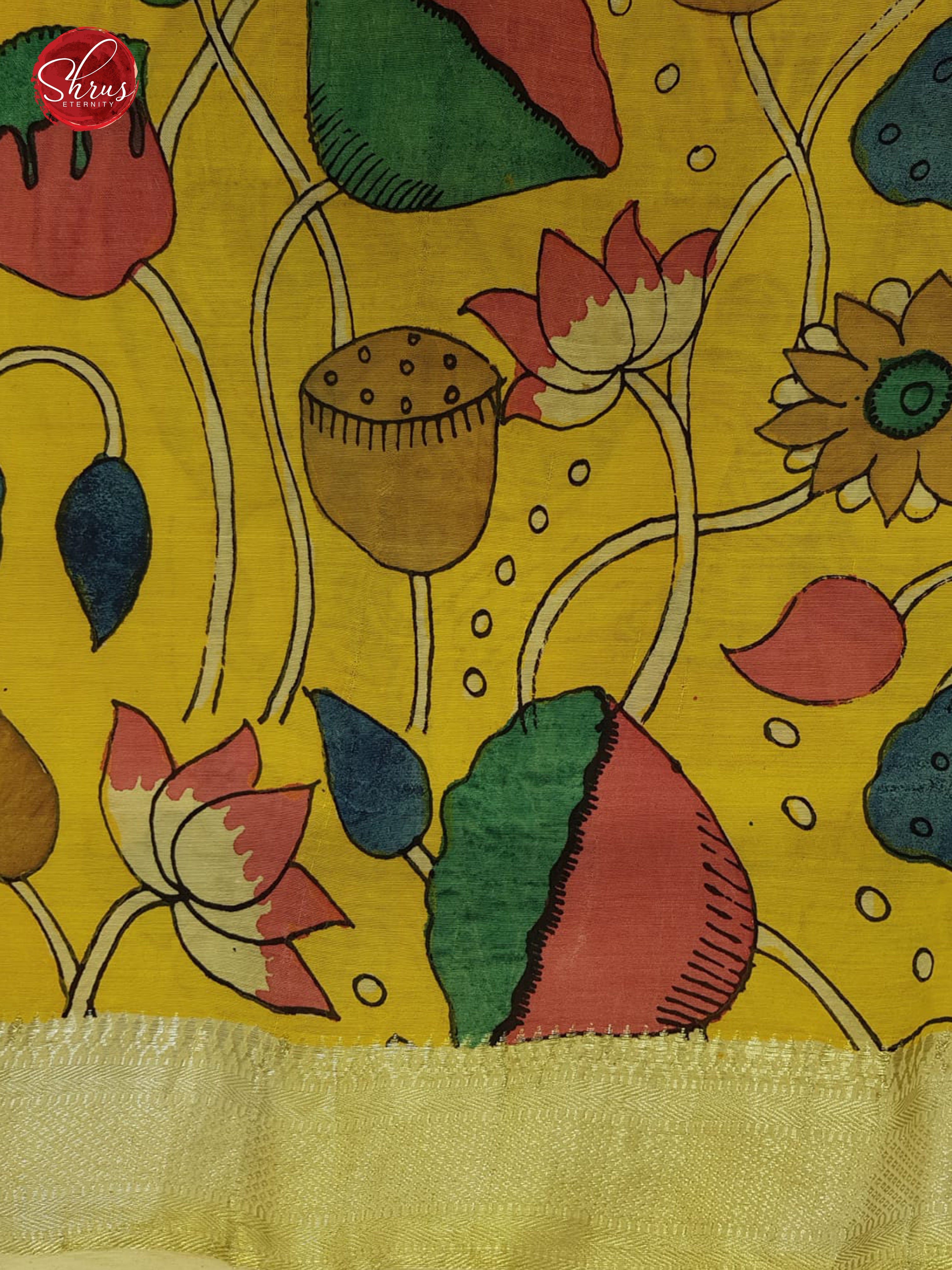 Yellow (Single Tone)- Chinnor Silk  Pen Kalamkari with handmade kalamkari design on the body  & zari Border - Shop on ShrusEternity.com