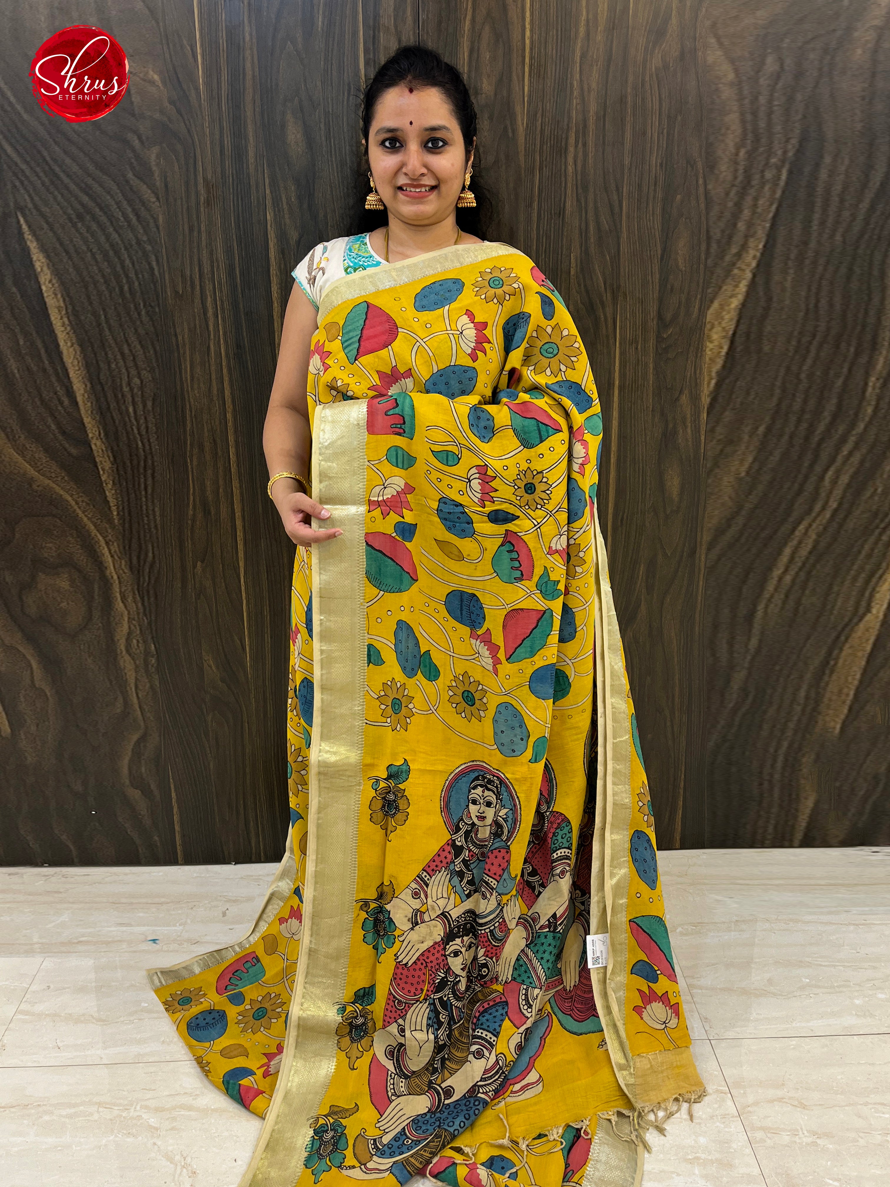 Yellow (Single Tone)- Chinnor Silk  Pen Kalamkari with handmade kalamkari design on the body  & zari Border - Shop on ShrusEternity.com