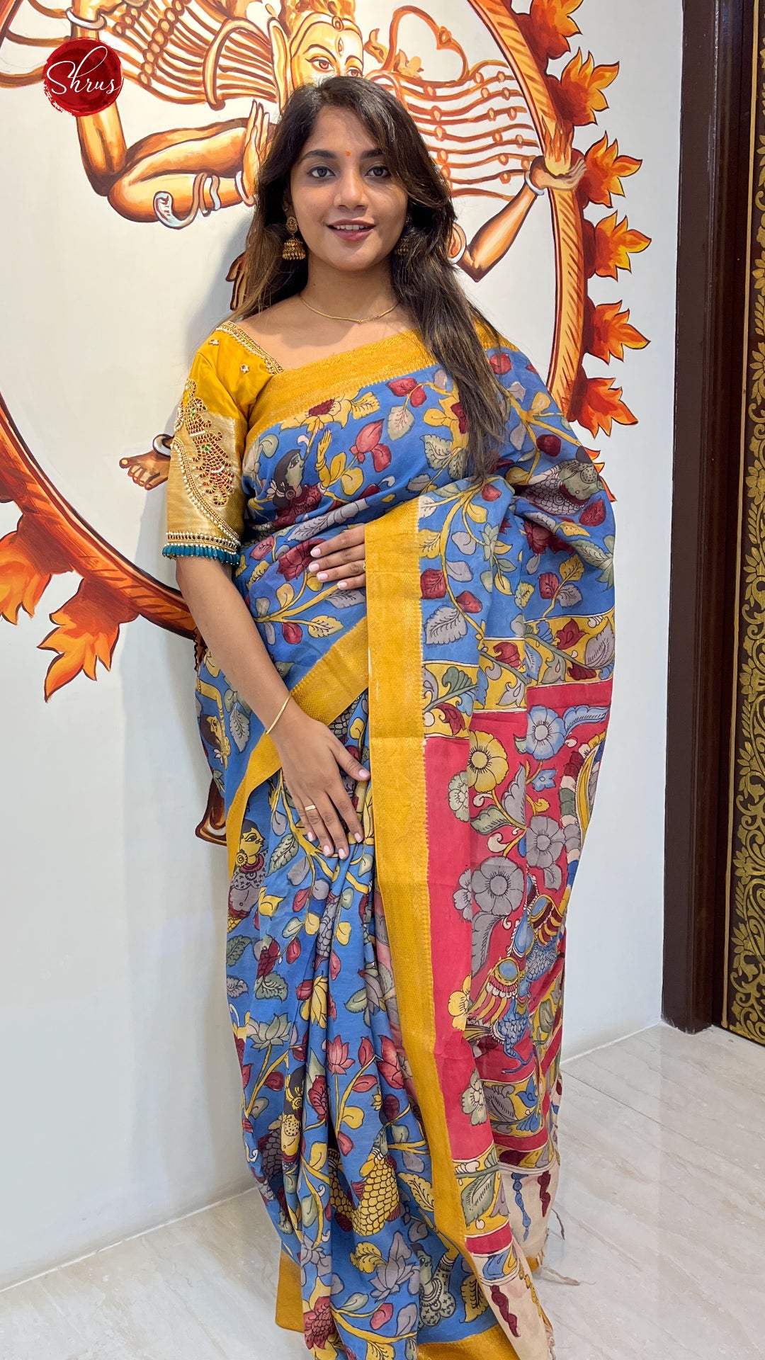 Blue & Yellow- Pen Kalamkari with handmade kalamkari design on the body  & zari  Border - Shop on ShrusEternity.com