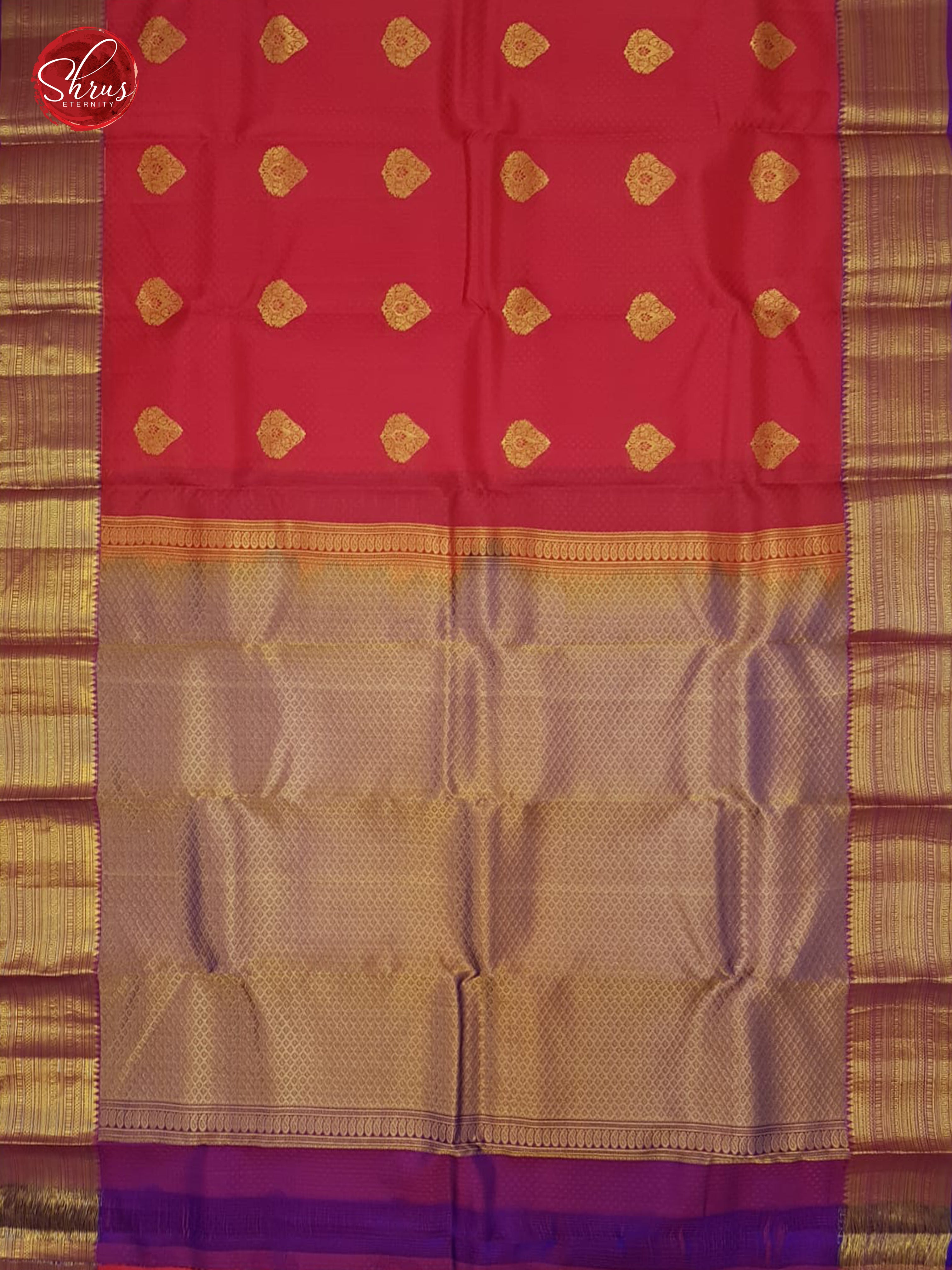 Reddish Pink & Purple -Kanchipuram (Half Pure) Saree with zari woven floral motifs on the body & Contrast Zari Border - Shop on ShrusEternity.com