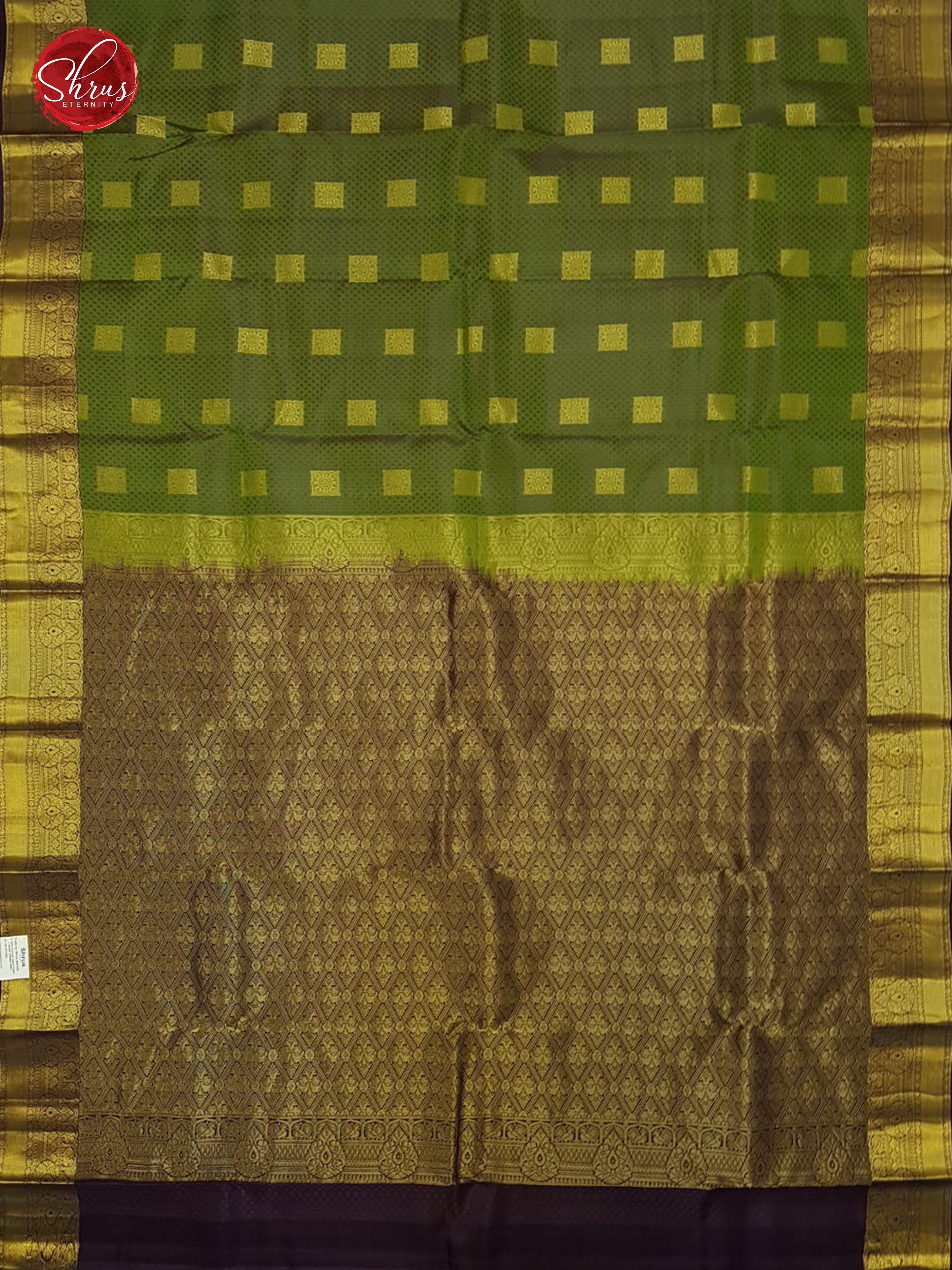 Green & Violet -Kanchipuram (Half Pure) Saree with zari woven Block motifs, self jacquard  on the body & Contrast Zari Border - Shop on ShrusEternity.com