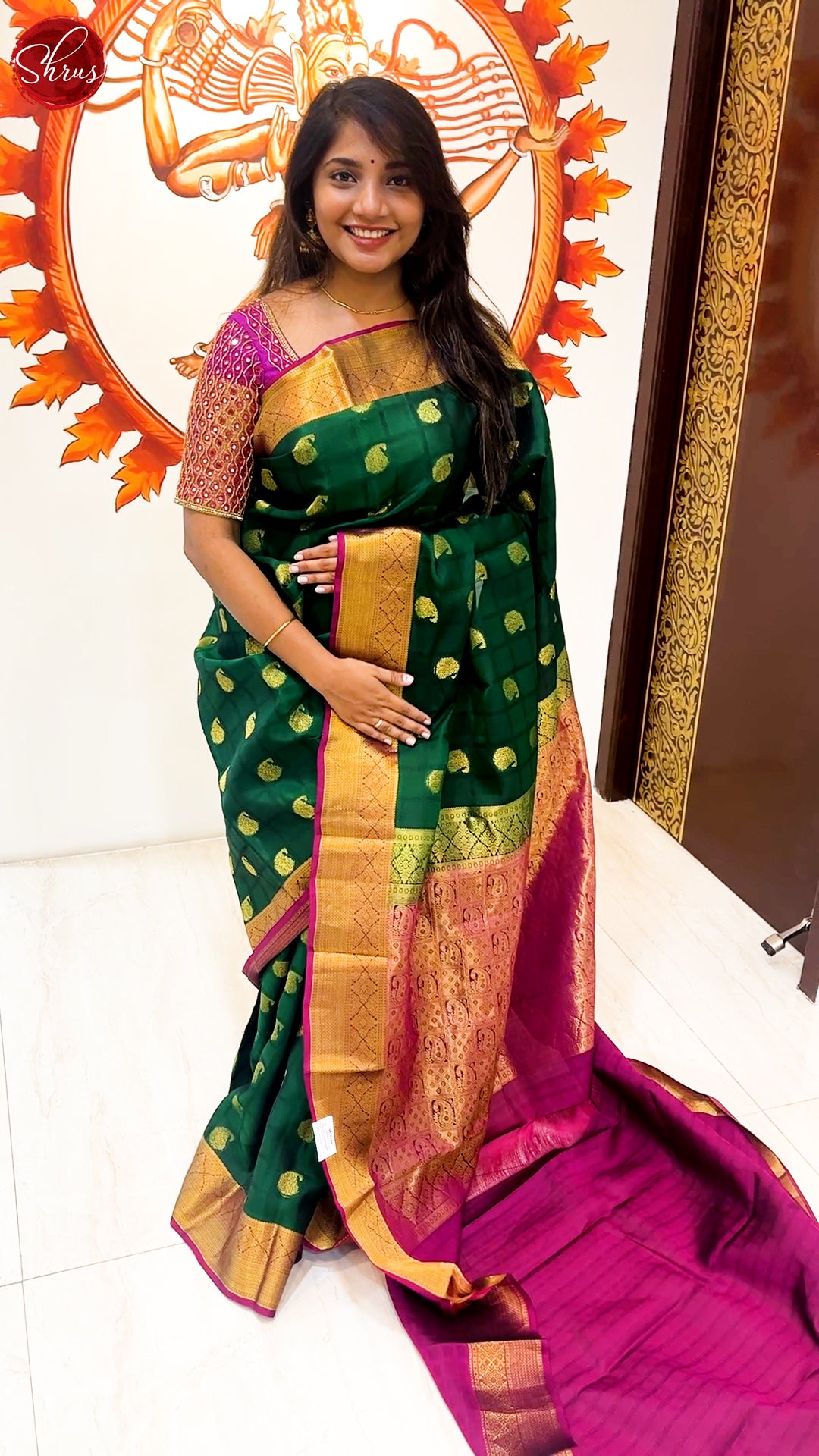 Green & Maroon - Kanchipuram (Half Pure) Saree with zari woven paisleys motifs on the body & Contrast Zari Border - Shop on ShrusEternity.com