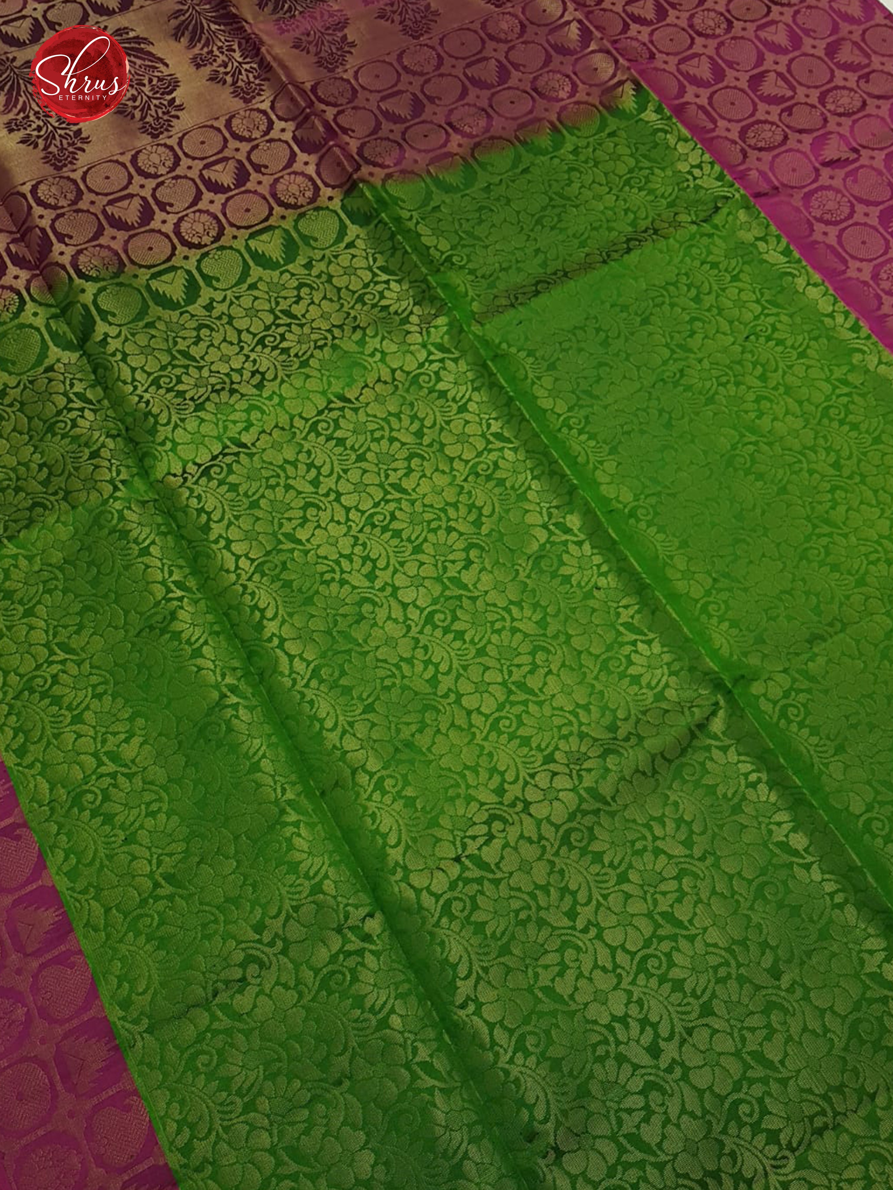 Green & Pink-  Soft Silk with zari woven floral  nestling brocade & Contrast  zari  border - Shop on ShrusEternity.com