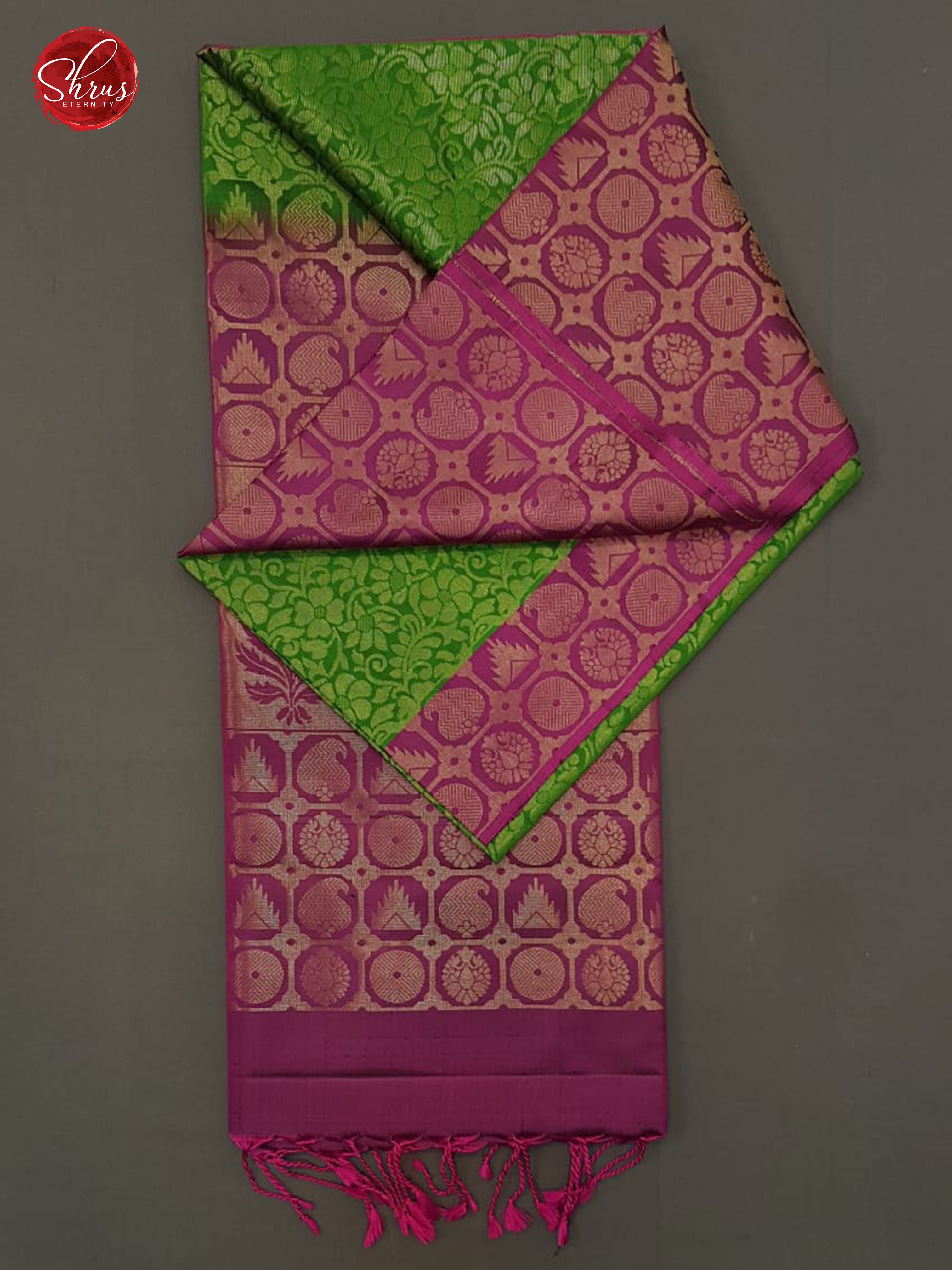 Green & Pink-  Soft Silk with zari woven floral  nestling brocade & Contrast  zari  border - Shop on ShrusEternity.com