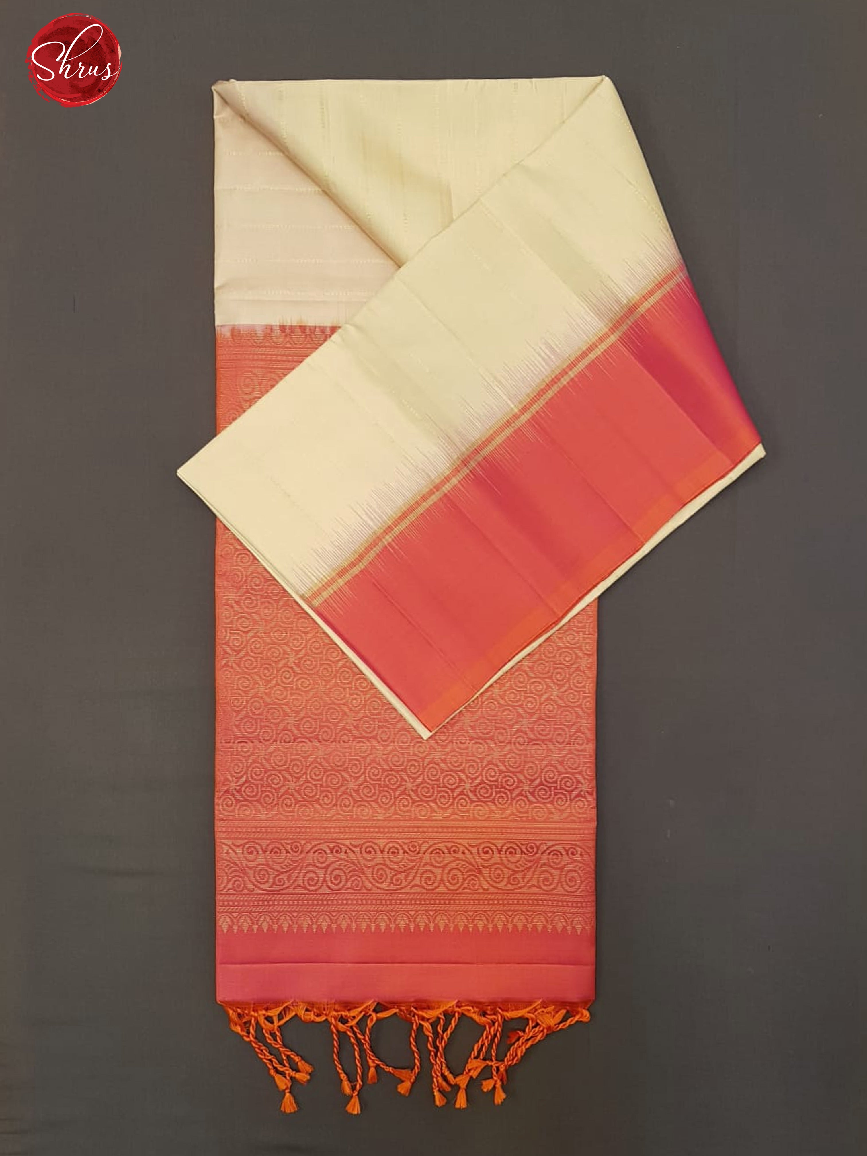 Cream & Orangish Pink - Soft Silk with zari stripes on the body &Contrast Border - Shop on ShrusEternity.com