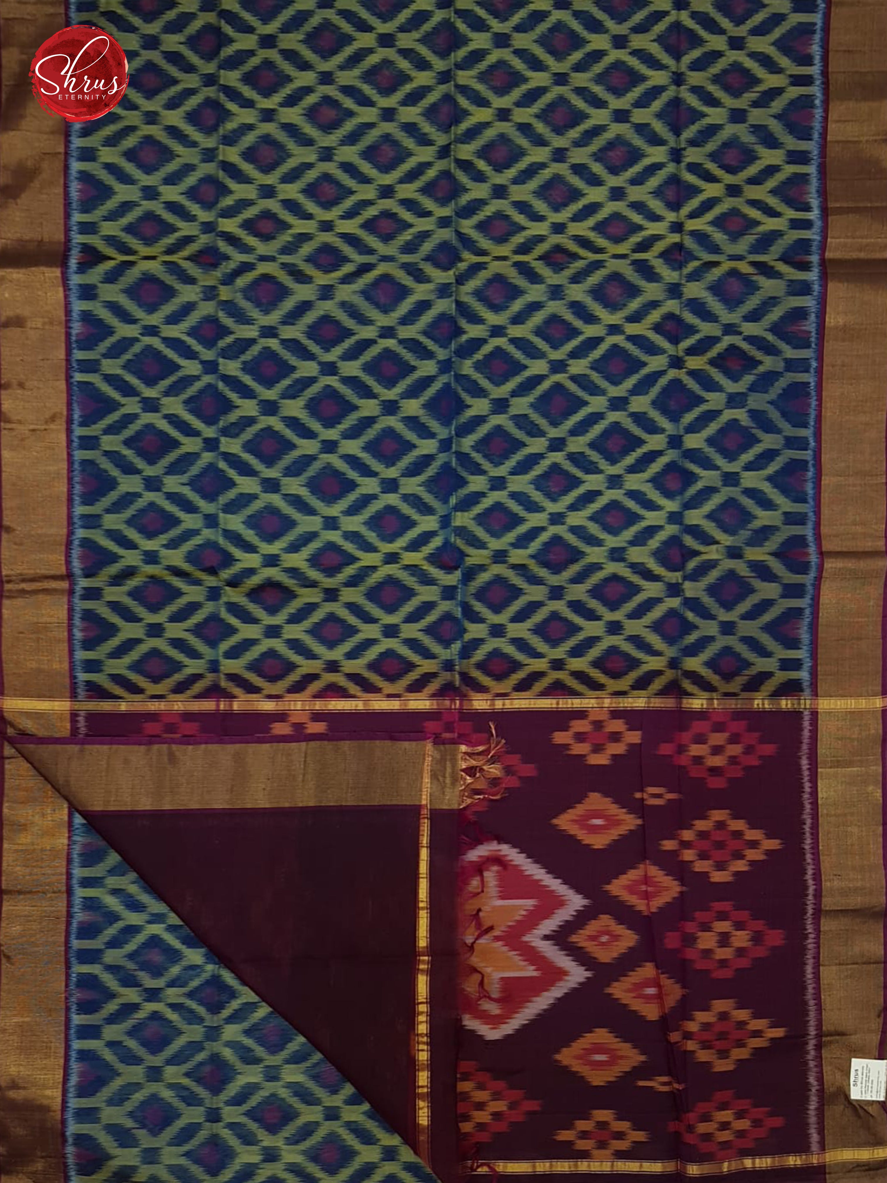 Blue & Purple -  Pochampally Silk Cotton with ikkat weaving pattern on the body & Contrast  zari border - Shop on ShrusEternity.com