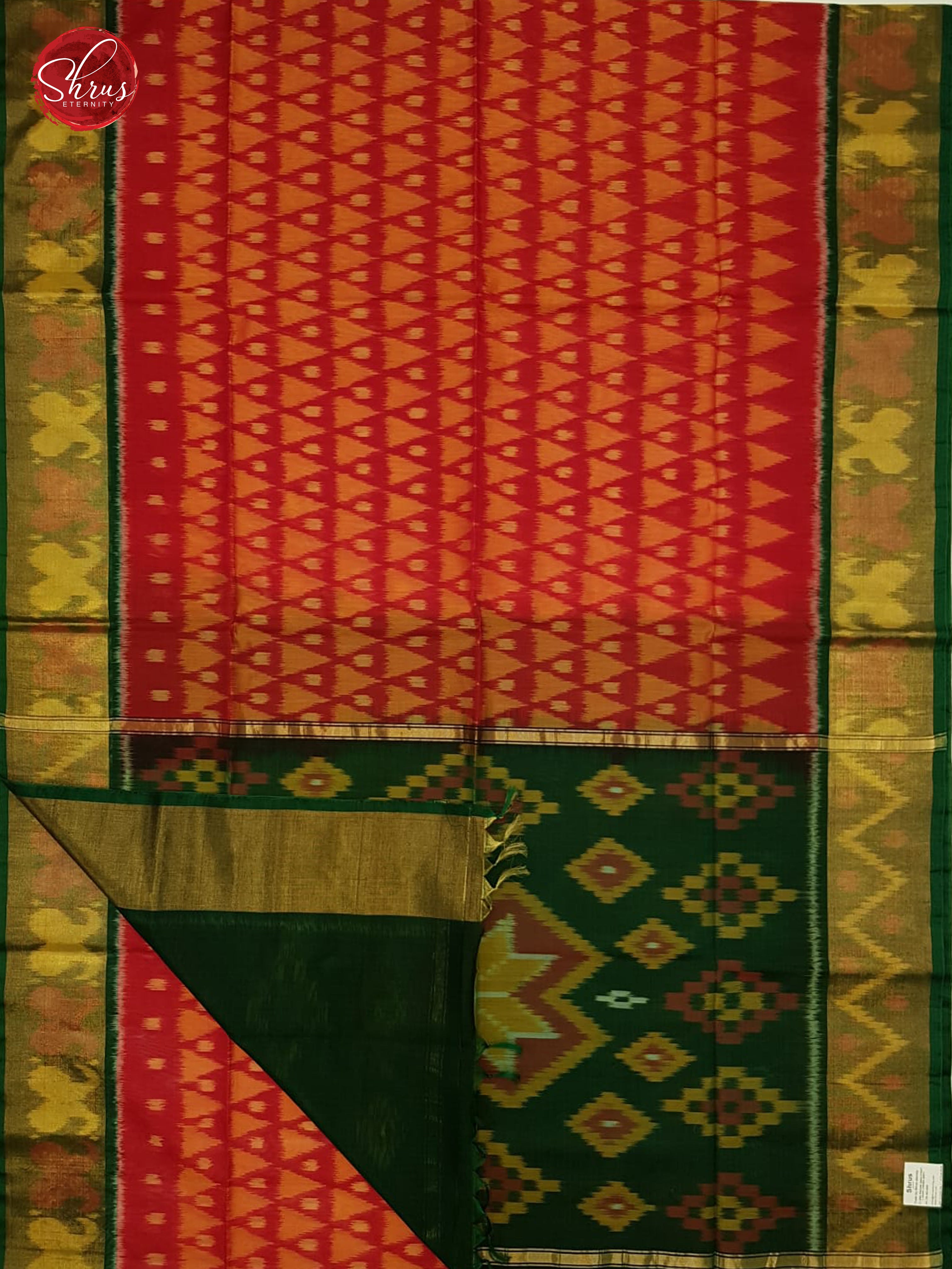 Red & Green -  Pochampally Silk Cotton with ikkat weaving pattern on the body & Contrast  ikkat border - Shop on ShrusEternity.com