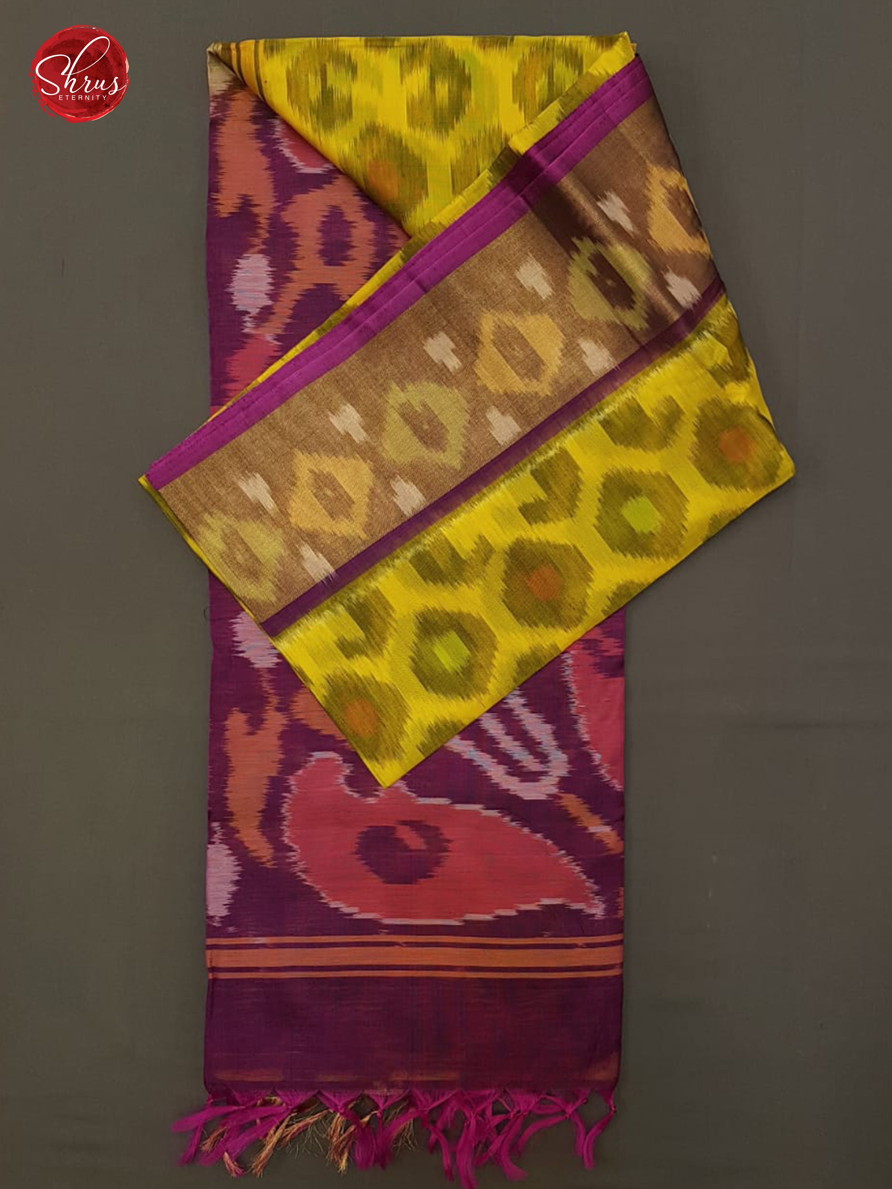 Yellow & Purple - Pochampally Silk Cotton with ikkat weaving pattern on the body & Contrast  ikkat border - Shop on ShrusEternity.com