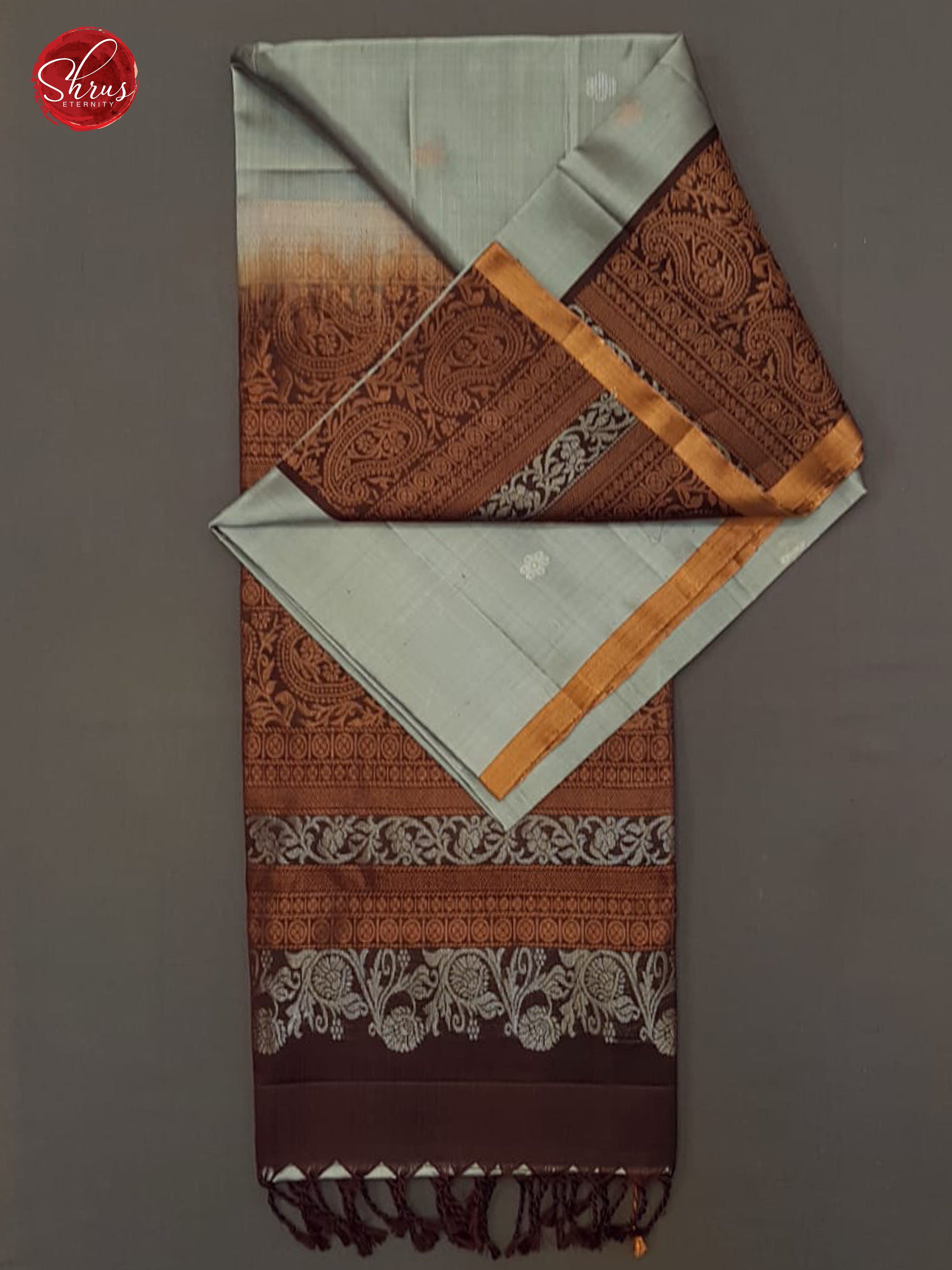 Grey & Brown -  Silk(Half Pure) Saree  with zari buttas on the body & zari Border - Shop on ShrusEternity.com