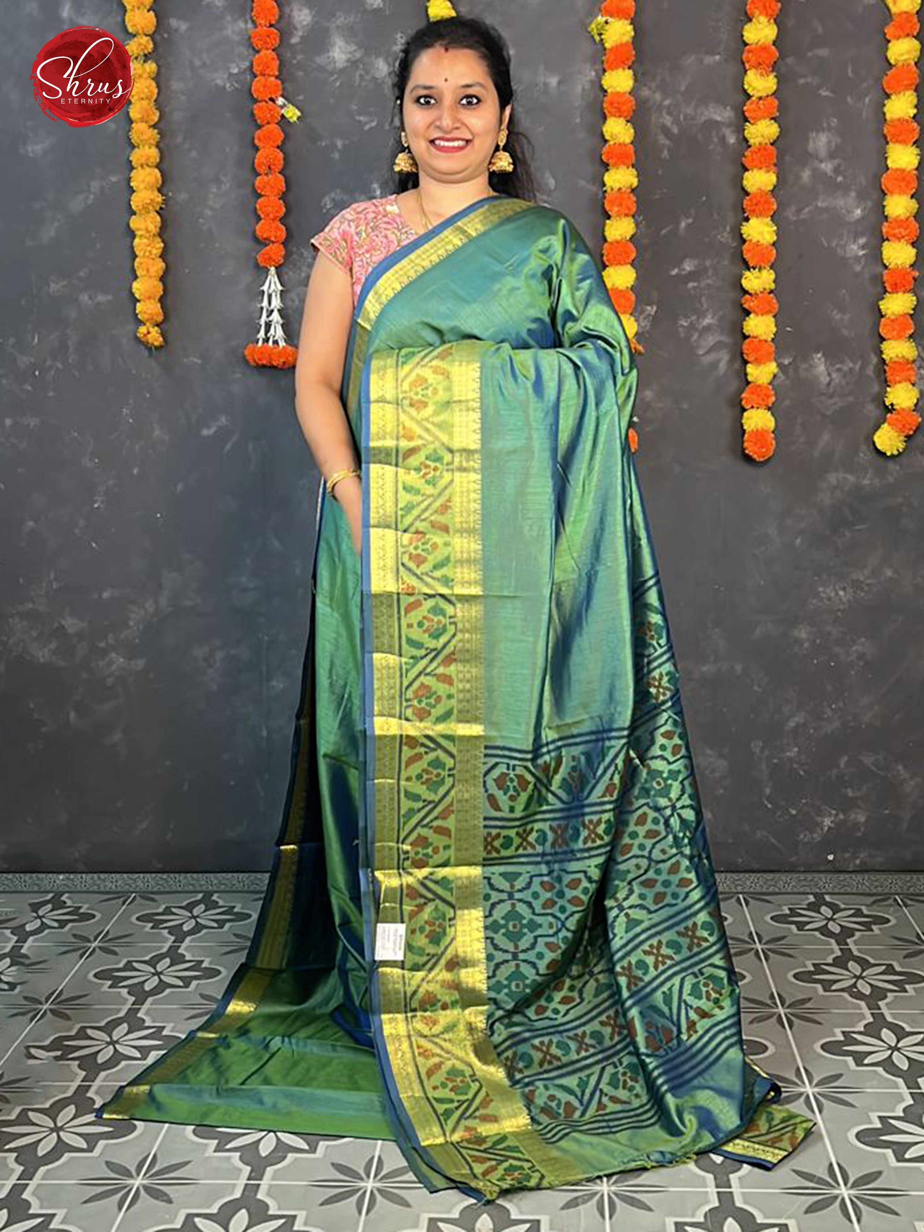 Green (Single Tone)- Semi Patola with plain body & printed Zari Border - Shop on ShrusEternity.com