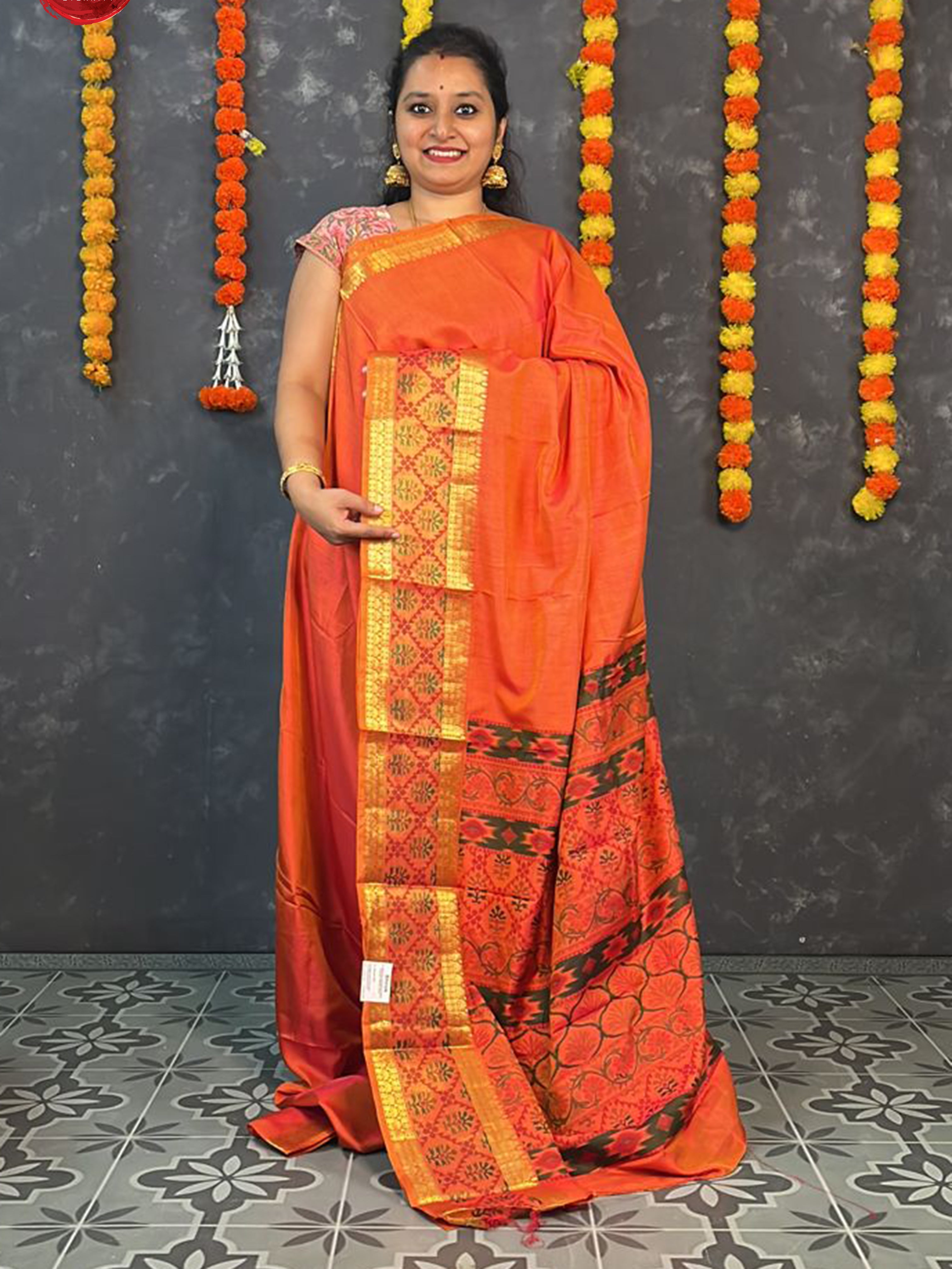 Orange(Single Tone)- Semi Patola with plain body & printed Zari Border - Shop on ShrusEternity.com