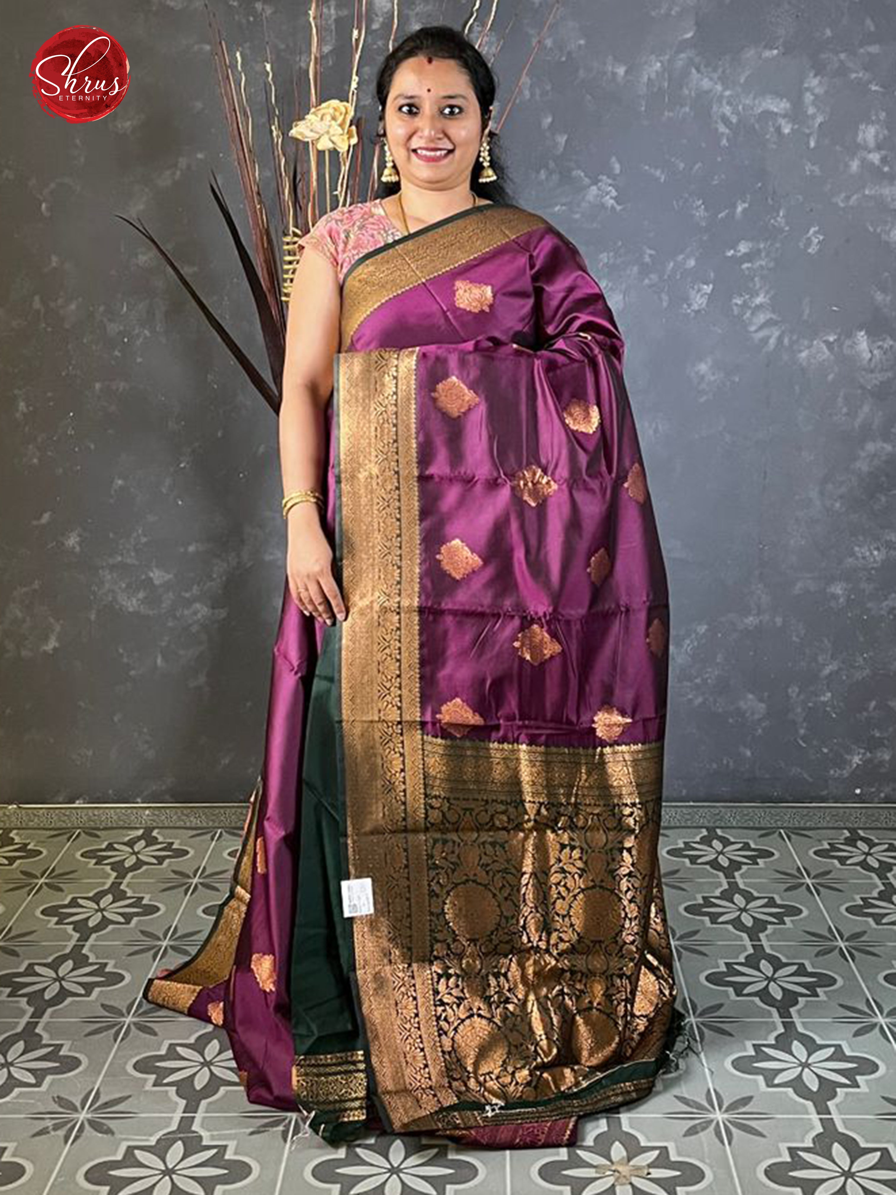 Wine & Green -Semi Soft Silk with zari woven floral motifs on the body & Zari Border - Shop on ShrusEternity.com
