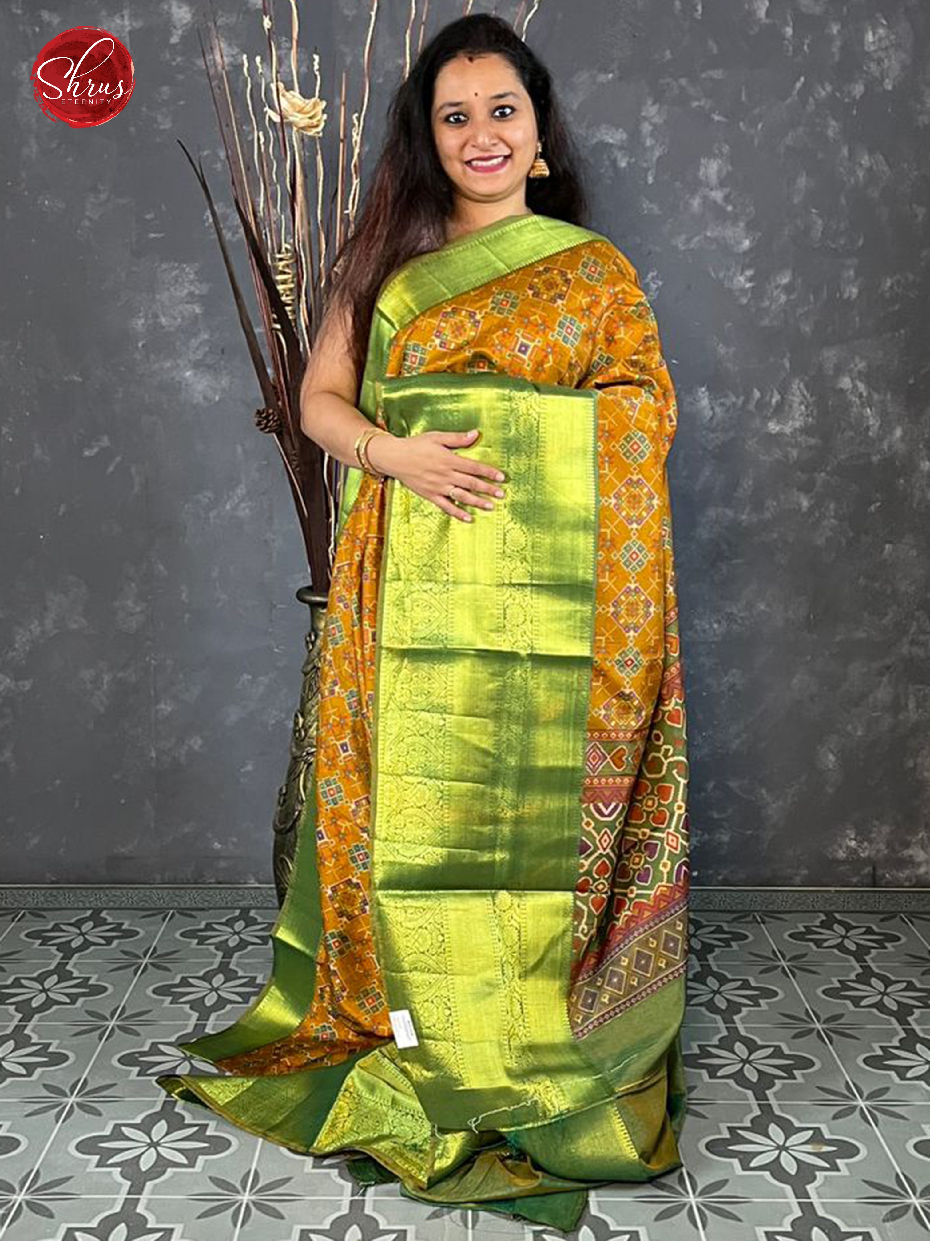 Mustard & Green - Semi Patola with patola floral print on the body  &  contrast  zari border - Shop on ShrusEternity.com