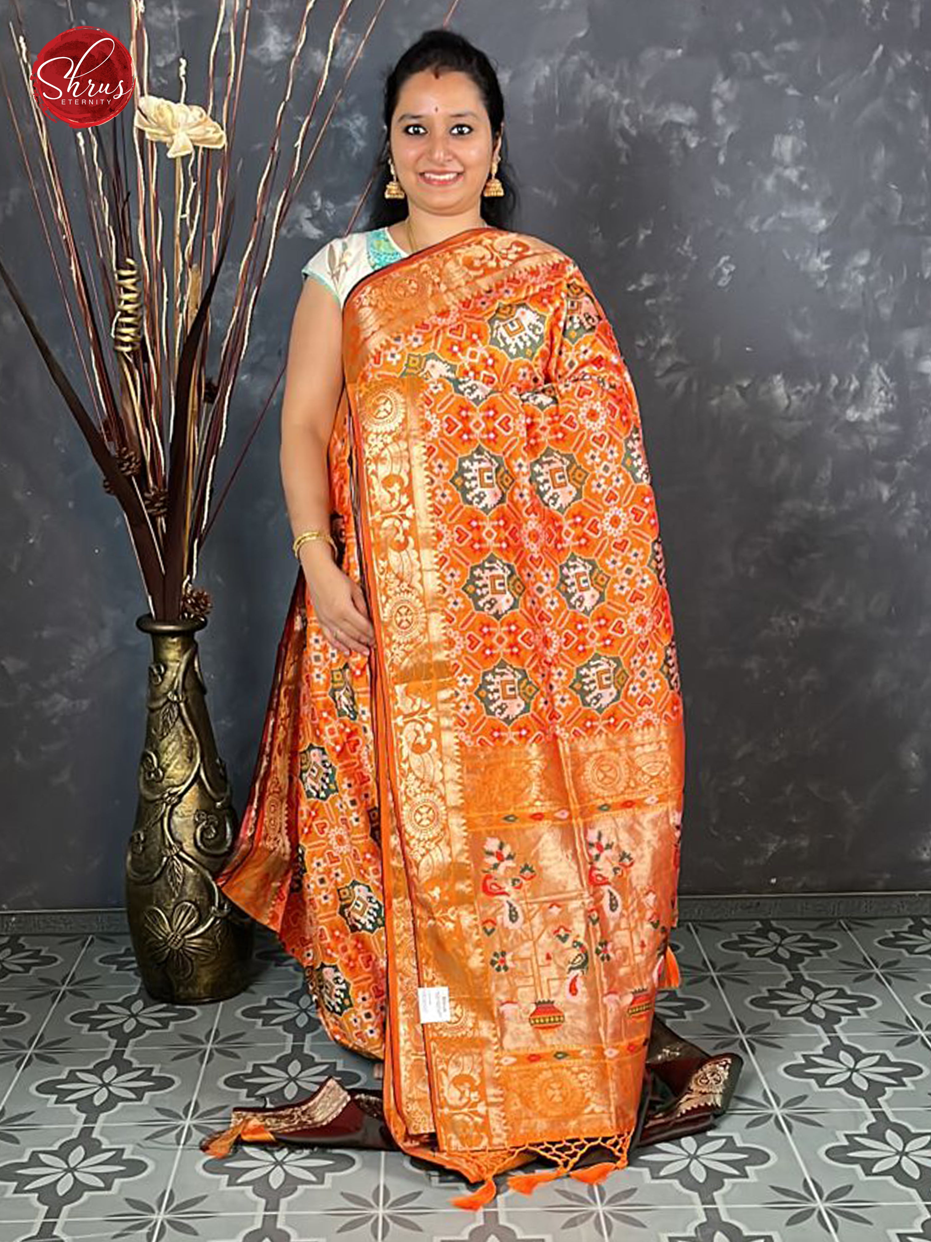 Orange & Brown - Semi Paithani with patola printed Body & Zari Border - Shop on ShrusEternity.com