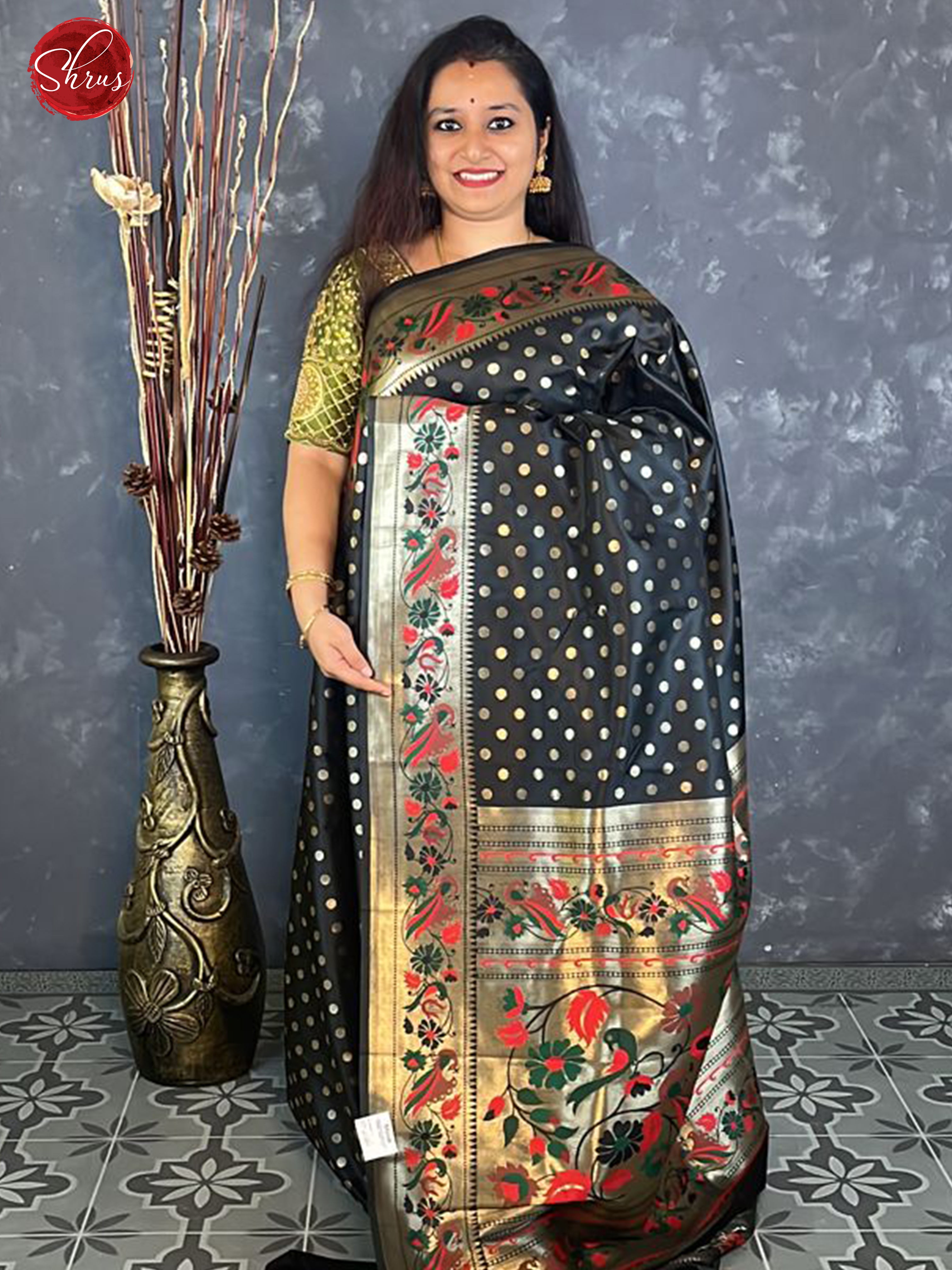 Black(Single Tone)- Semi Paithani with Zari woven floral buttas on the body  & Gold zari Border - Shop on ShrusEternity.com