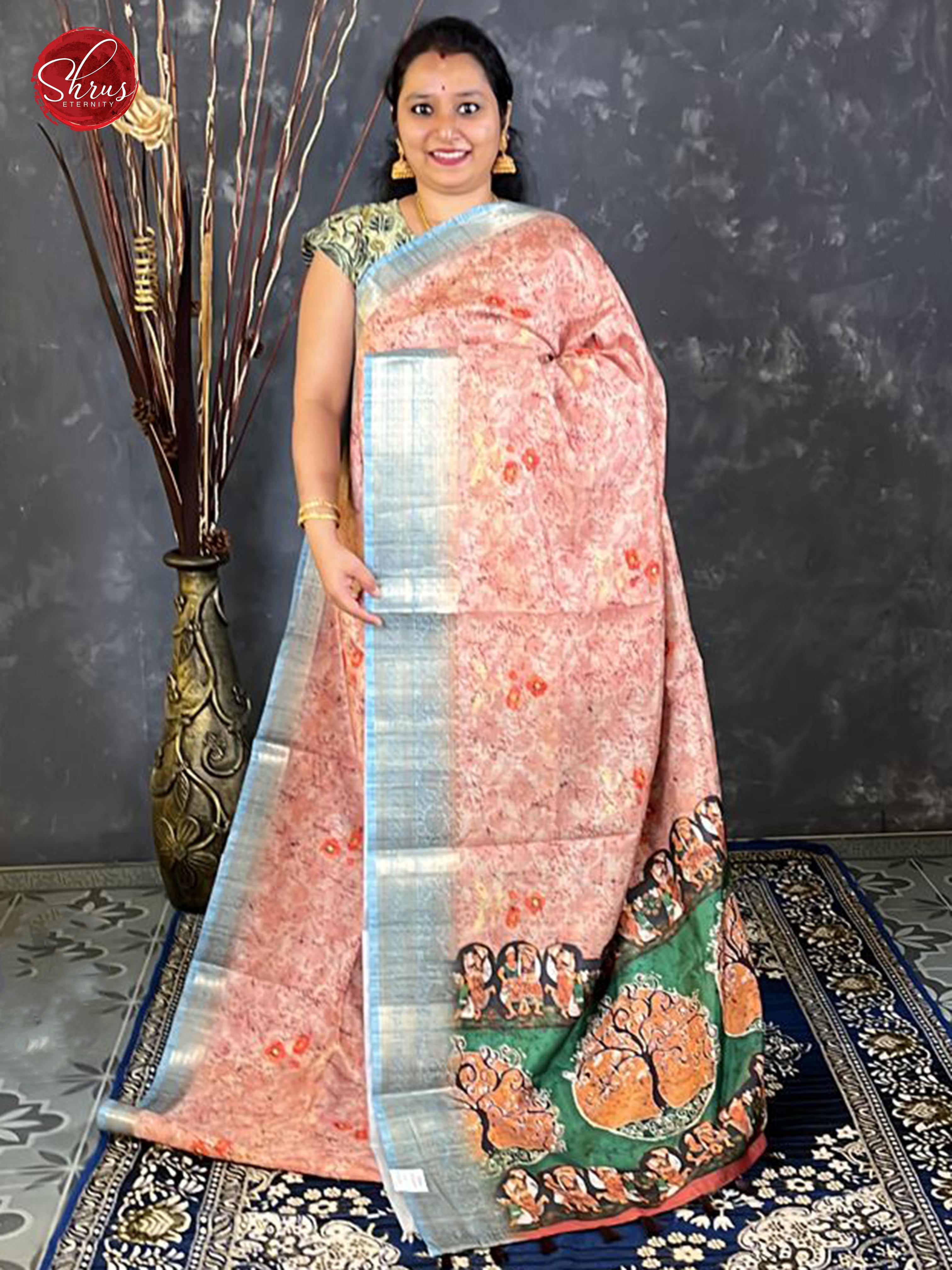 Pink & Blue - Semi Tussar with printed body and contrast zari Border - Shop on ShrusEternity.com