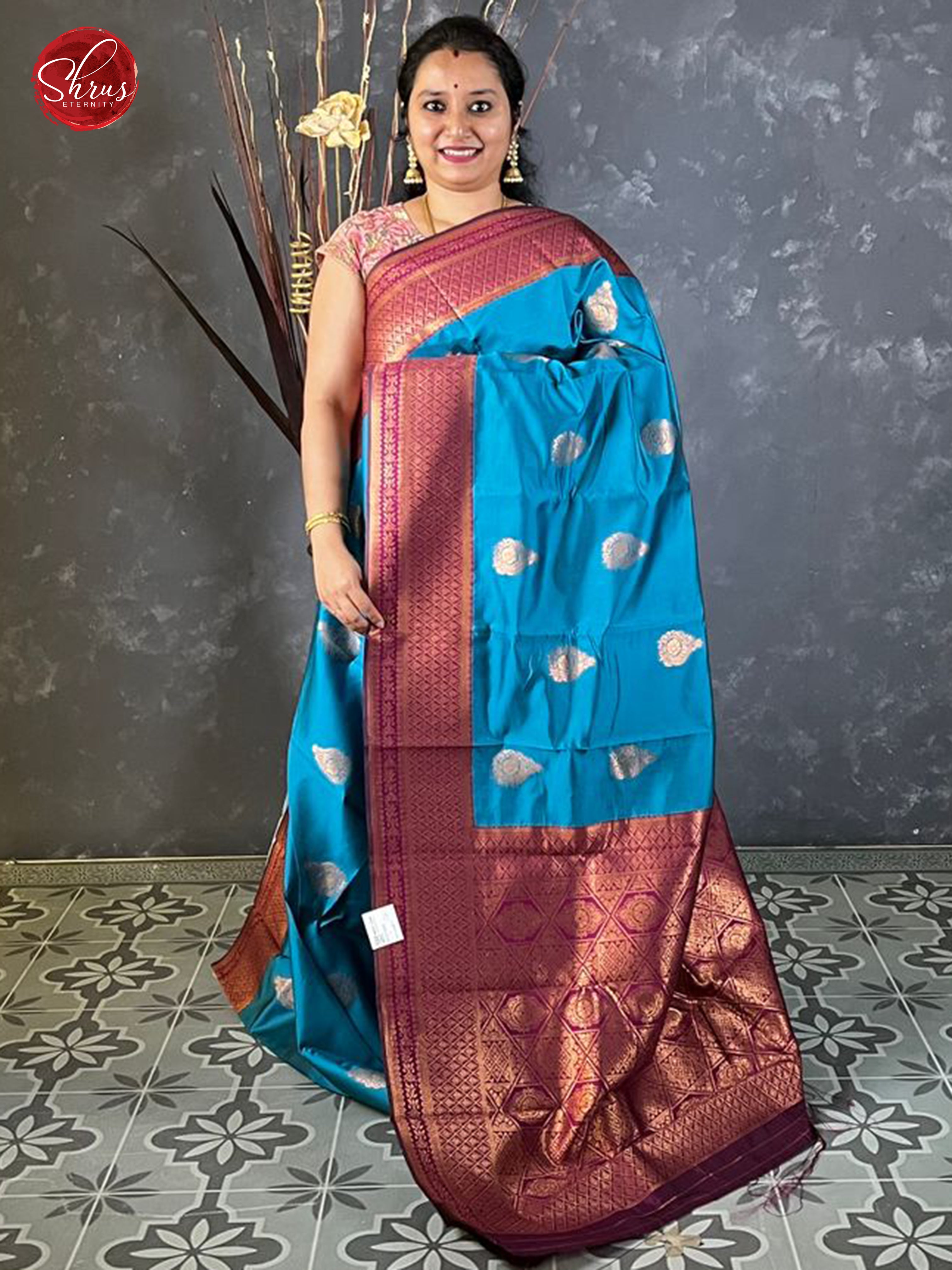Blue & Purple - Semi Soft Silk with zari woven floral motifs  on the body & contrast  Zari Border - Shop on ShrusEternity.com