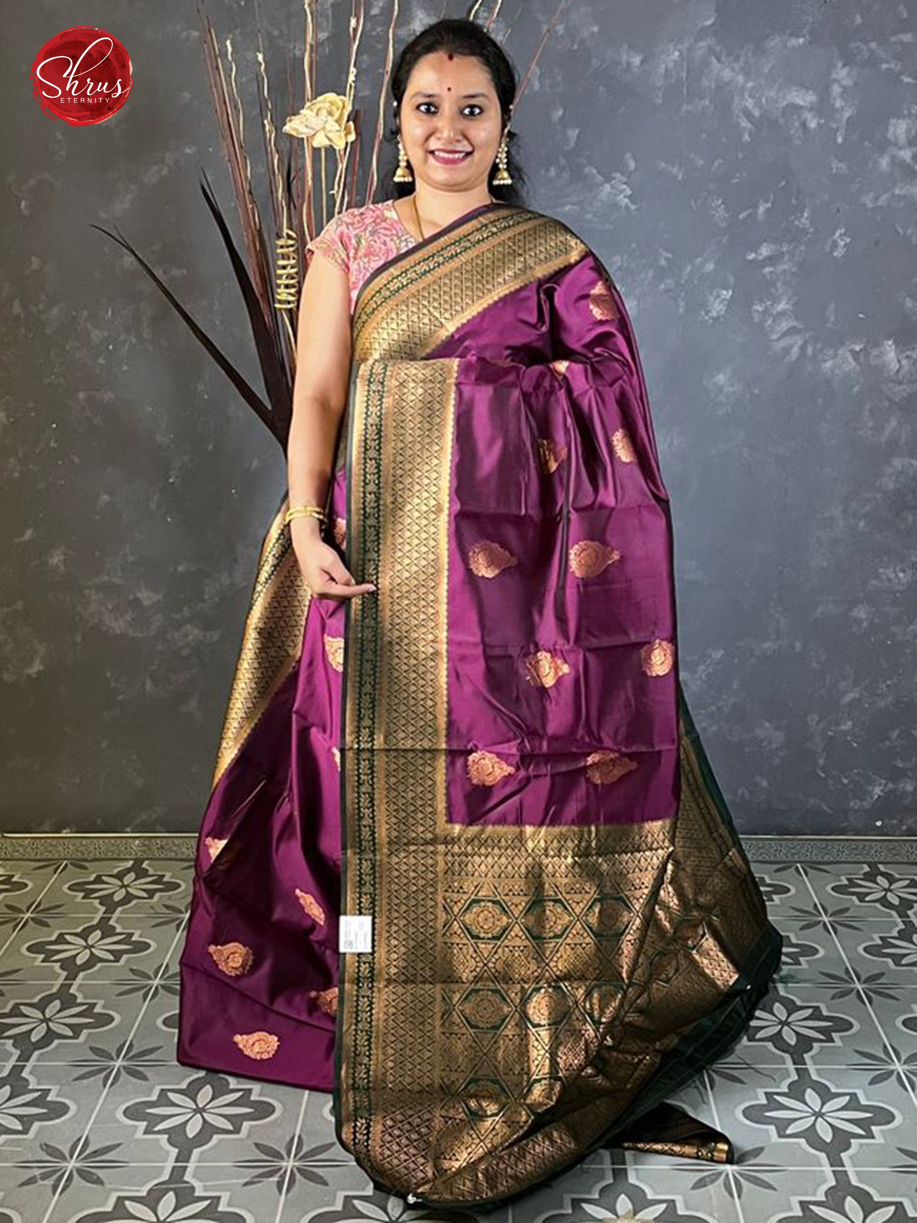 Wine & Green - Semi Soft Silk with zari woven floral motifs  on the body & contrast  Zari Border - Shop on ShrusEternity.com