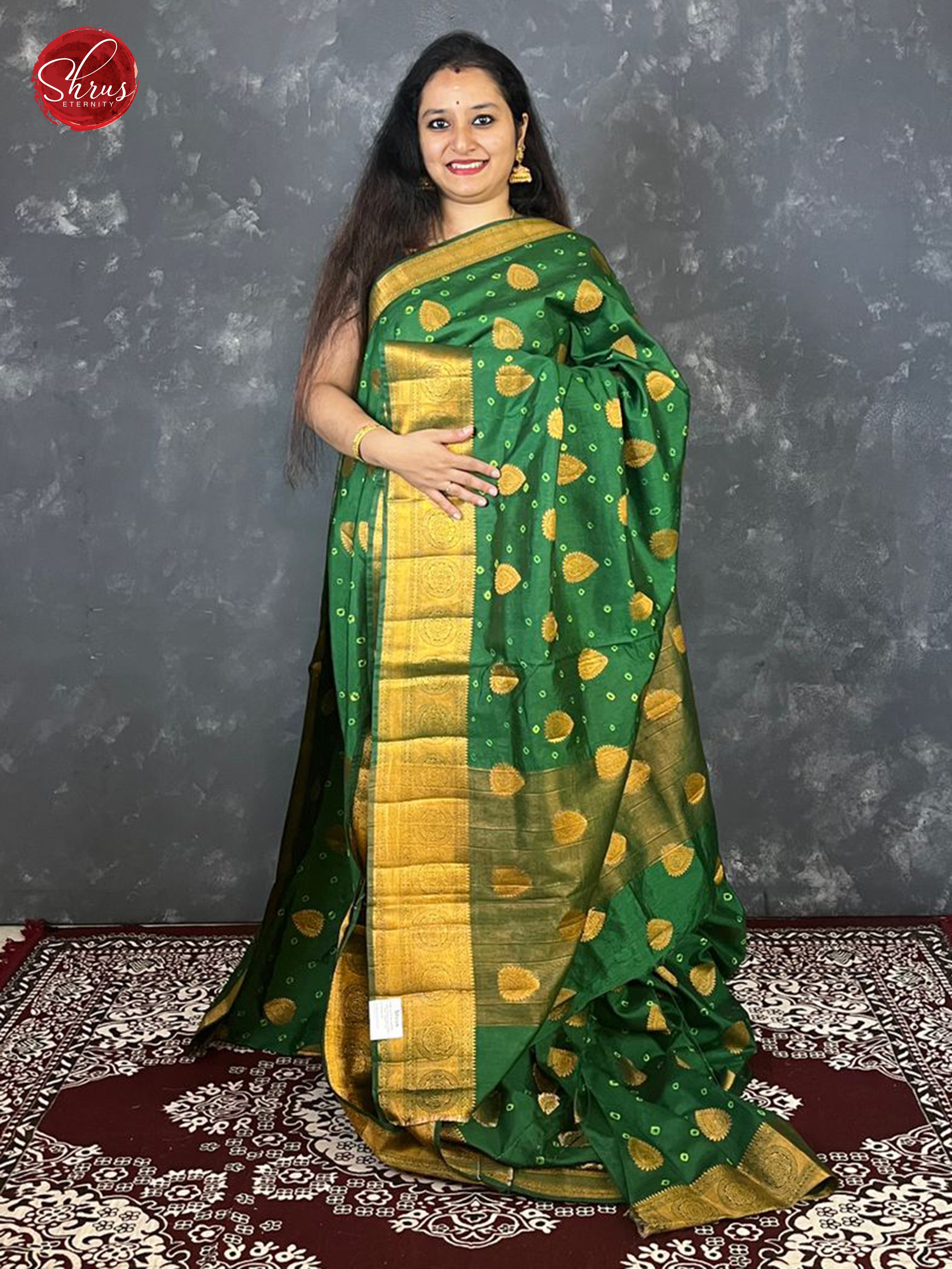 Green(Single Tone)-Art Bandhini with bandhini buttas, zari floral motifs  on the body & Zari Border - Shop on ShrusEternity.com