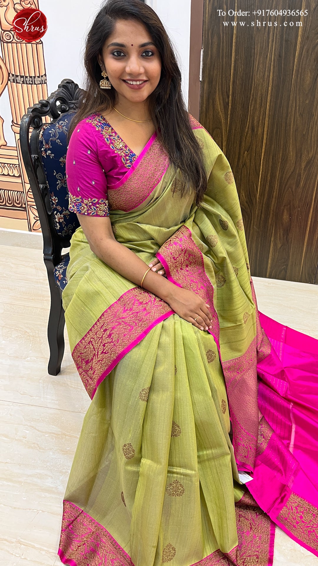 Green & Pink - Dupion Silk with zari woven floral buttas on the body & Contrast Gold Zari Border - Shop on ShrusEternity.com