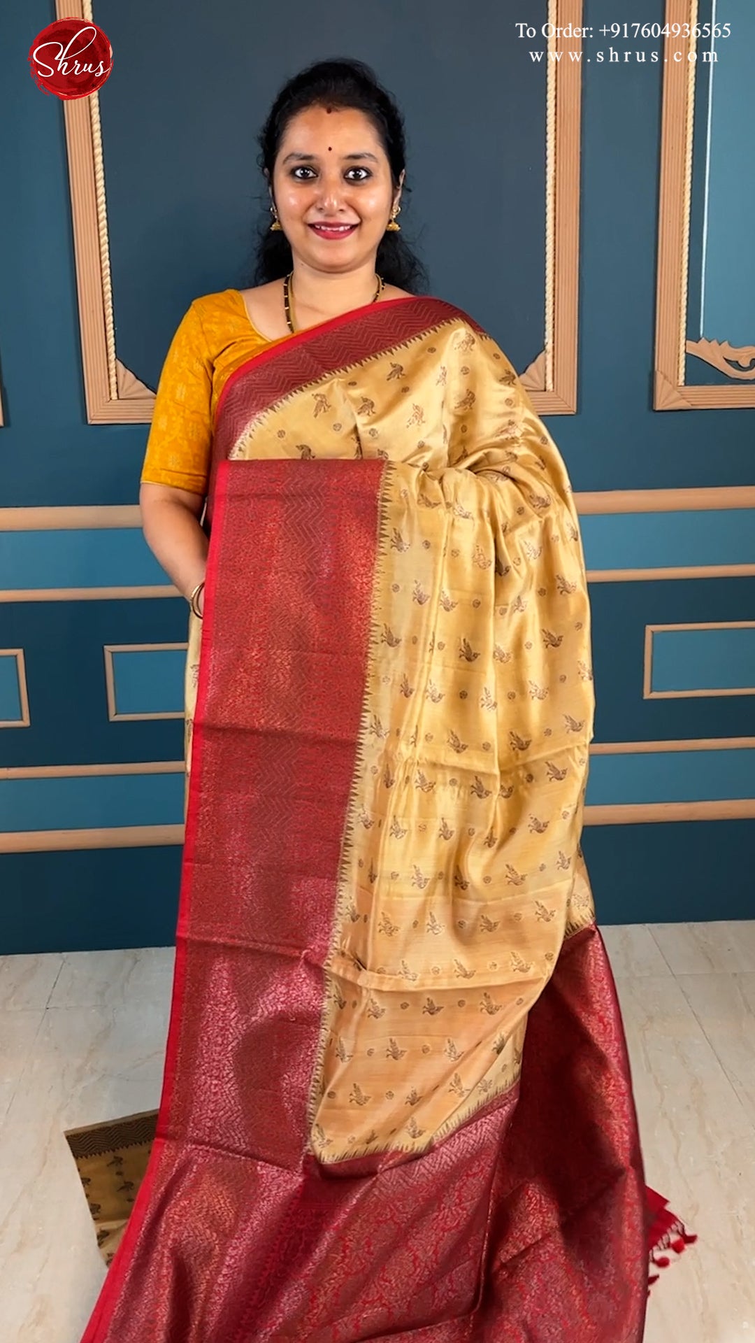 Beige & Red - Banarasi Silk with zari woven Peacock buttas on the body & Contrast Zari Border - Shop on ShrusEternity.com