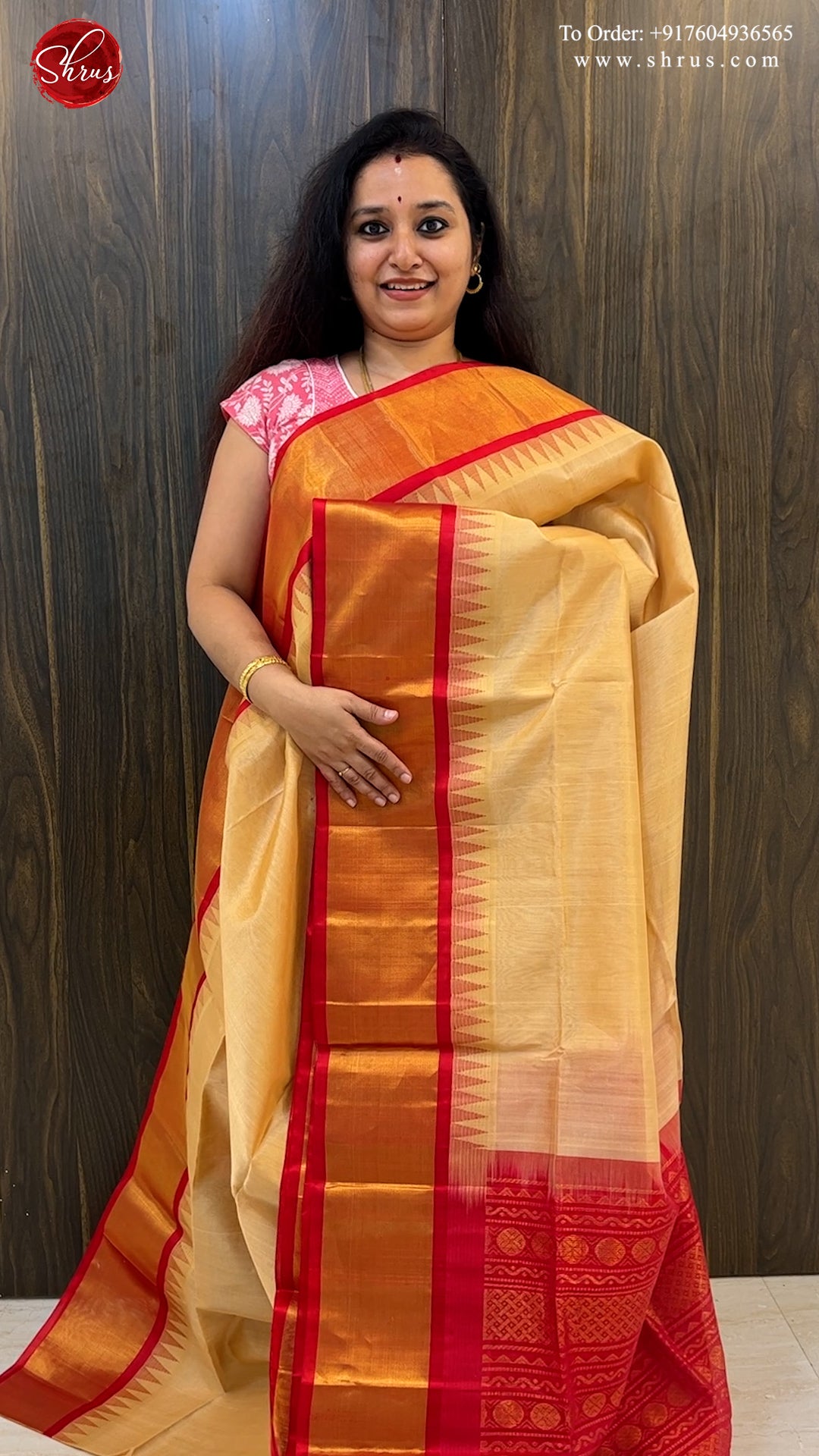 Beige & Red -Silk Cotton with plain Body & contrast  Zari Border - Shop on ShrusEternity.com