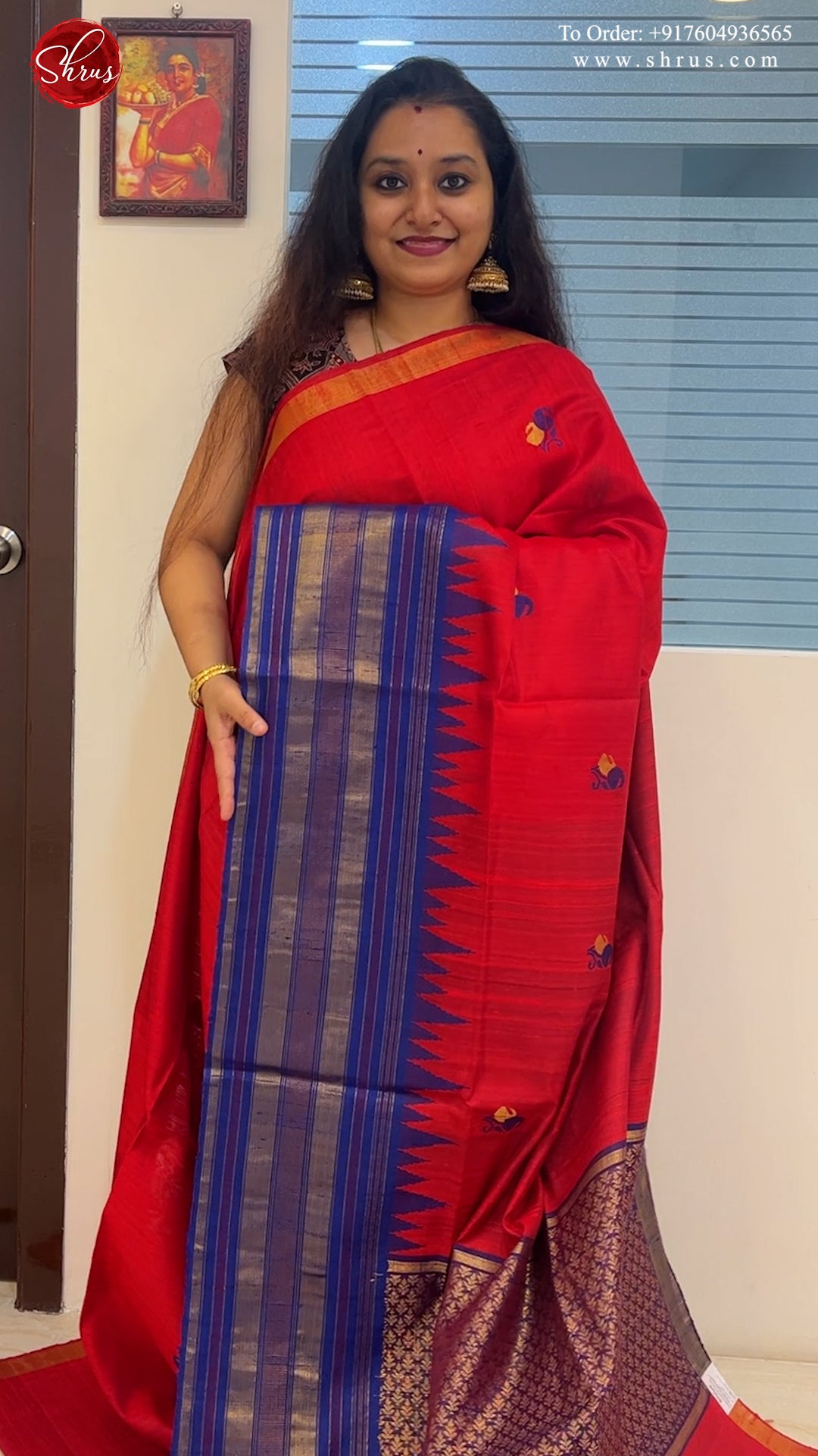 Red & Blue - Raw Silk with thread woven buttas on the body & contrast zari border - Shop on ShrusEternity.com