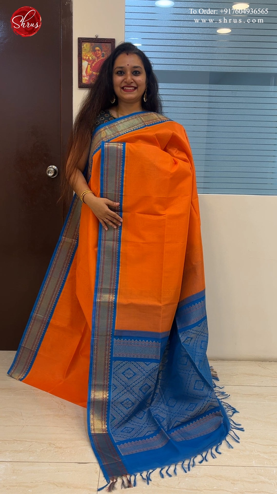 Orange & Blue - Silk Cotton with plain Body & contrast  Gold Zari Border - Shop on ShrusEternity.com