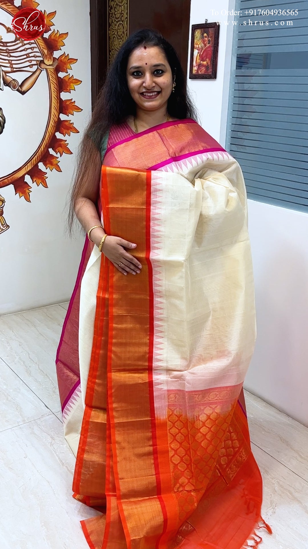 Cream & Orange - Silk Cotton with plain Body & zari Border - Shop on ShrusEternity.com