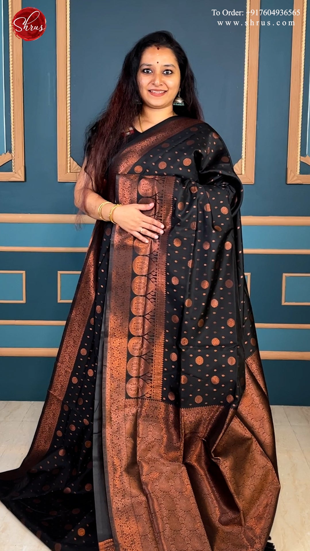 Black(Single Tone)- Semi Soft Silk with copper zari woven floral buttas on the body & Zari Border - Shop on ShrusEternity.com