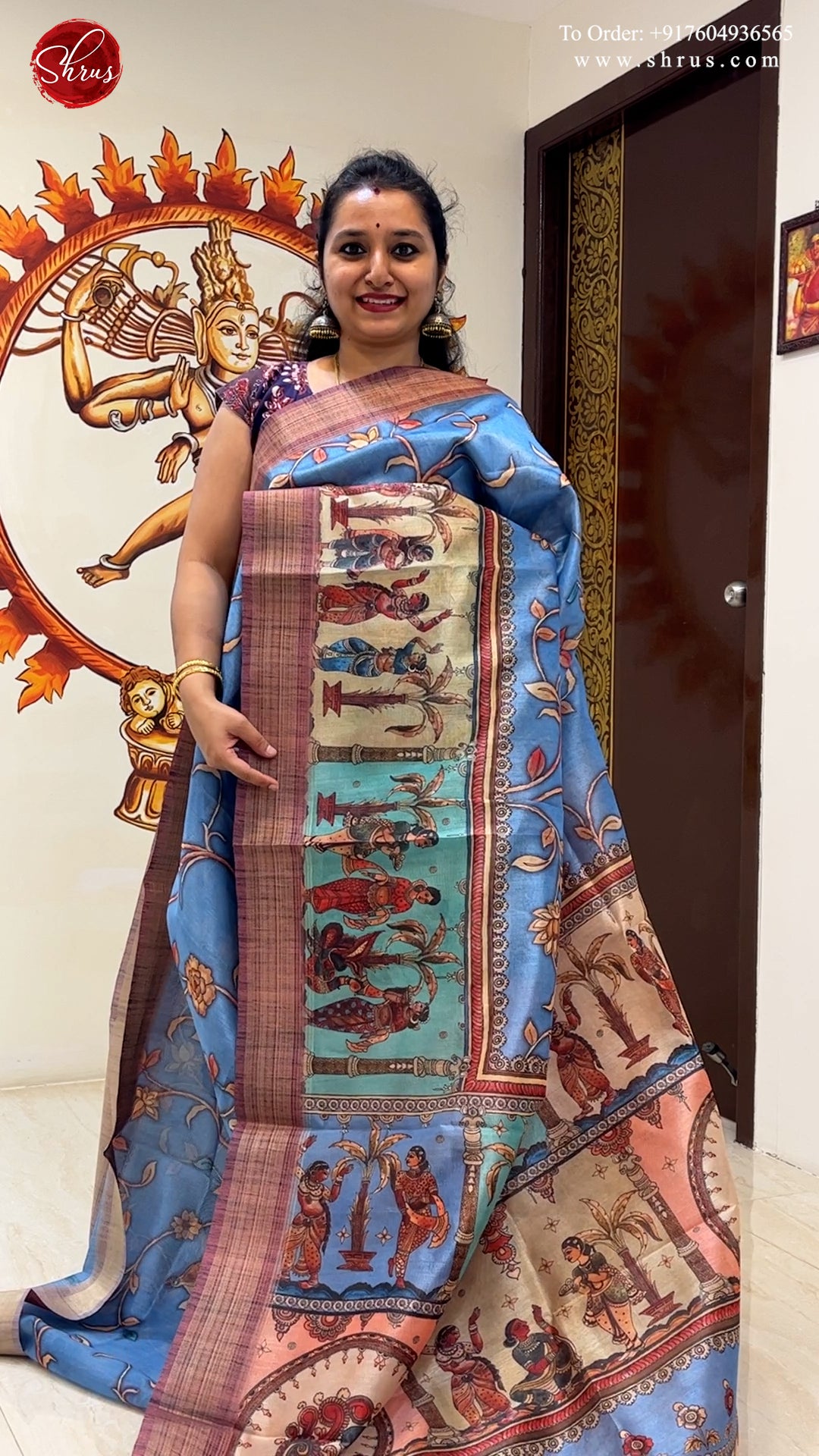 Sky Blue  & Peach - Semi Chanderi with floral print on the body & Zari Border - Shop on ShrusEternity.com