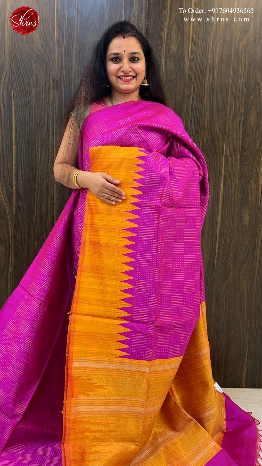 Pink & Mustard - Raw Silk with zari woven stripes on the body & contrast   border - Shop on ShrusEternity.com