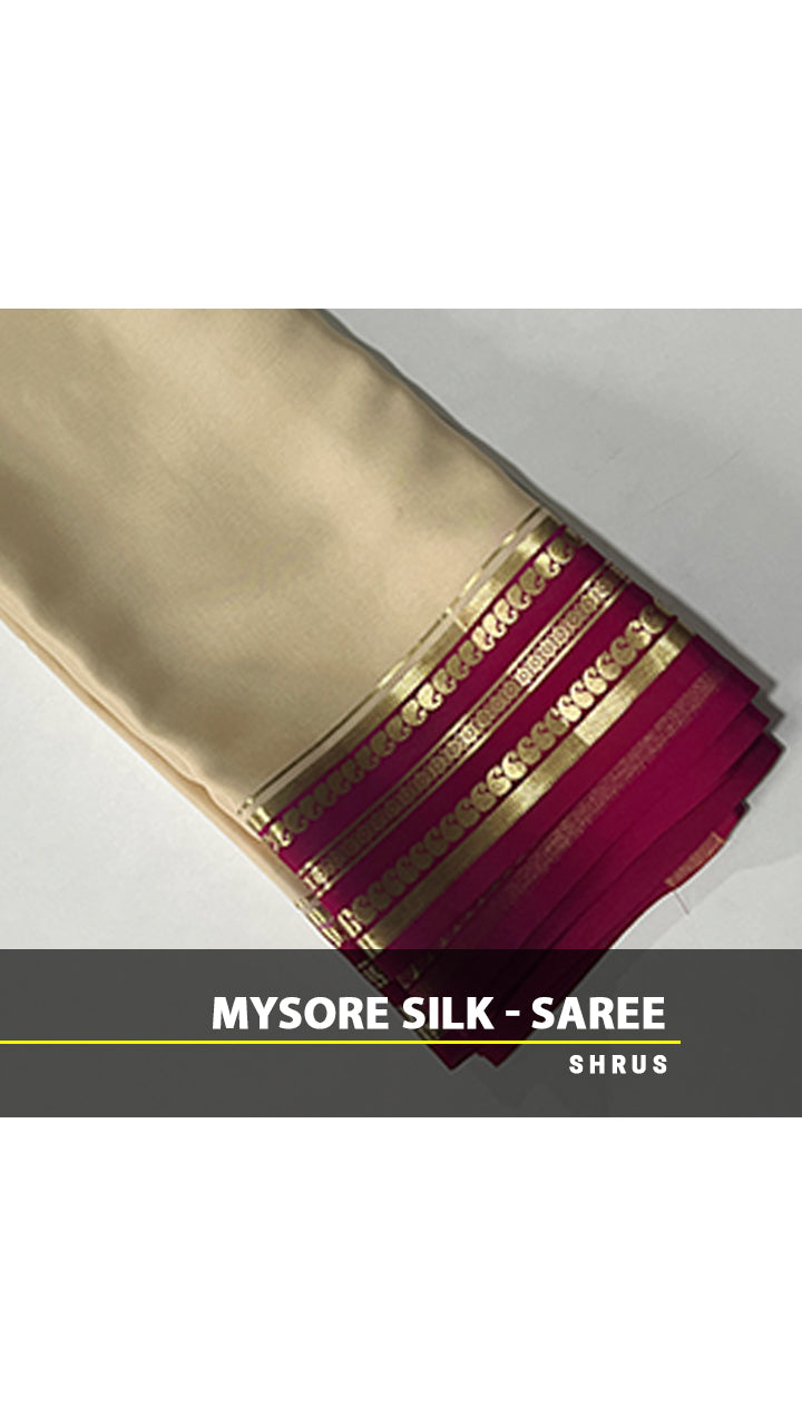 Cream & Pink -  Mysore Silk with plain Body & Contrast zari  Border - Shop on ShrusEternity.com