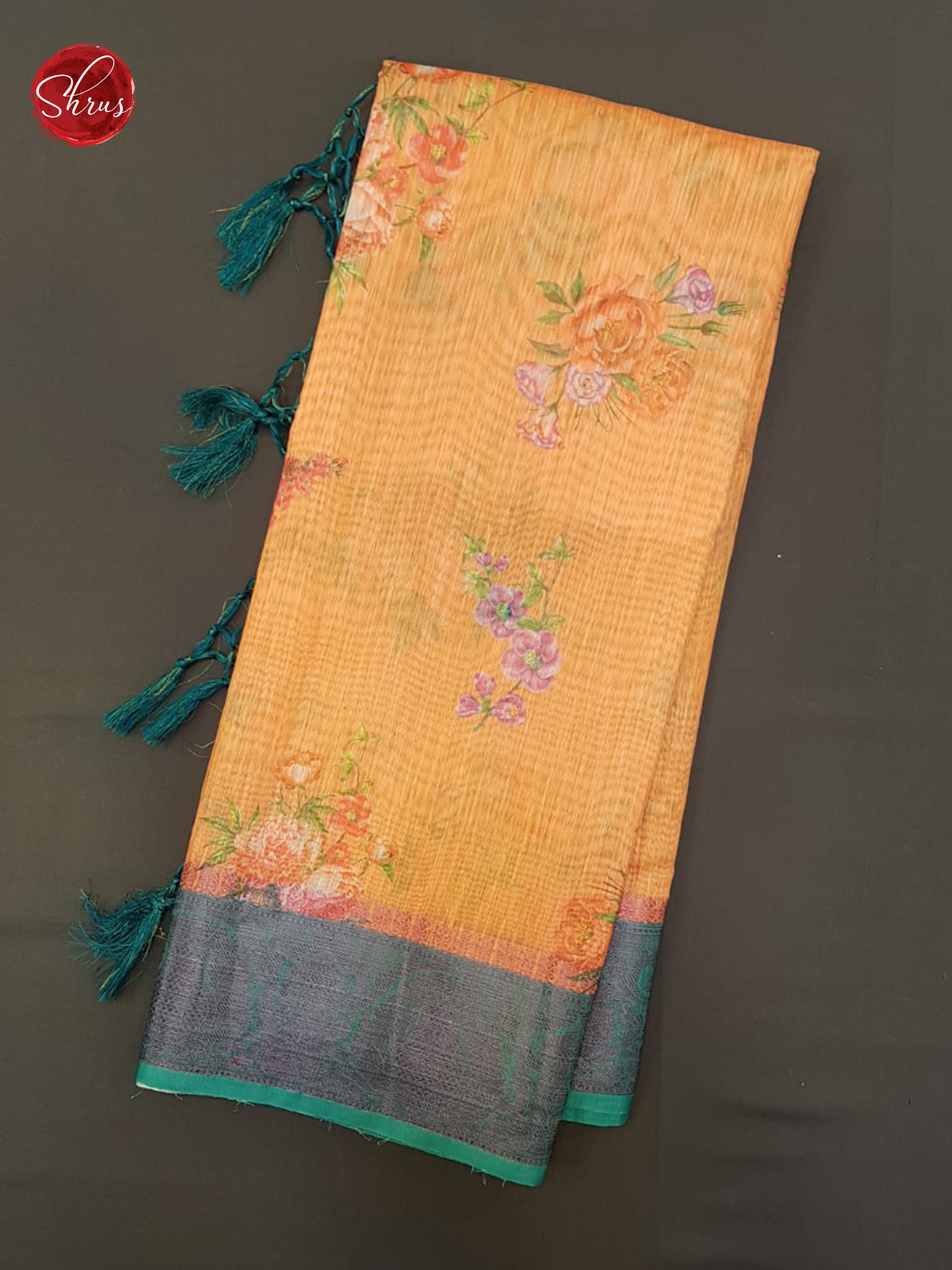 Orange &  Green-  Semi Chanderi with floral print on the body & Zari Border - Shop on ShrusEternity.com