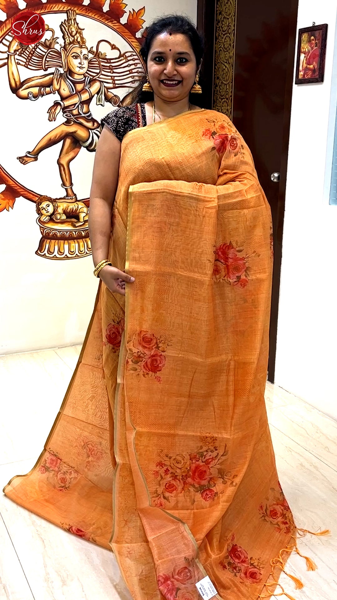 Orange (Single Tone)- Borderless Semi Chanderi with floral print on the body - Shop on ShrusEternity.com