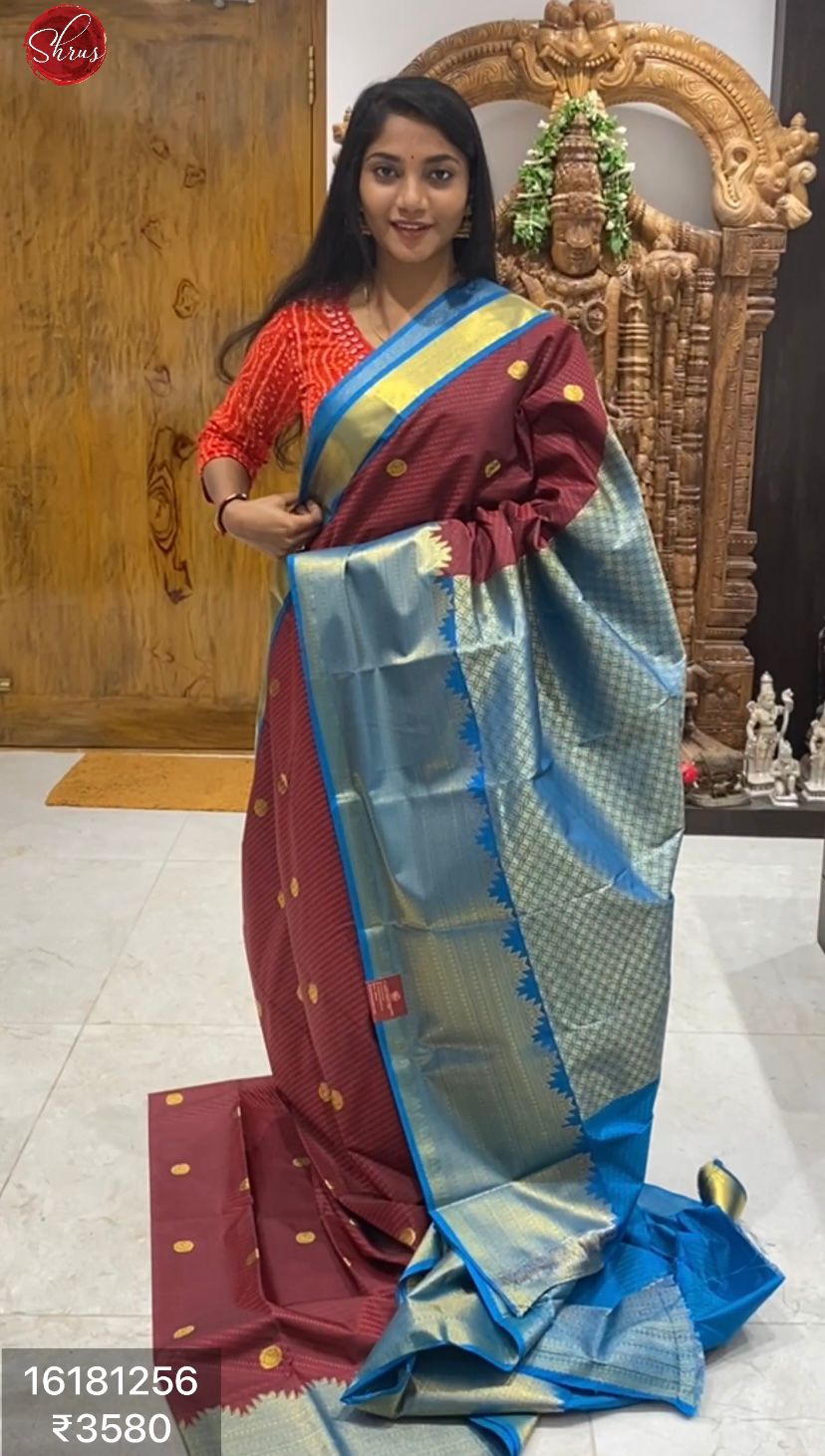 Maroon & Blue - Semi Kanchipuram Silk with Border & Gold Zari - Shop on ShrusEternity.com