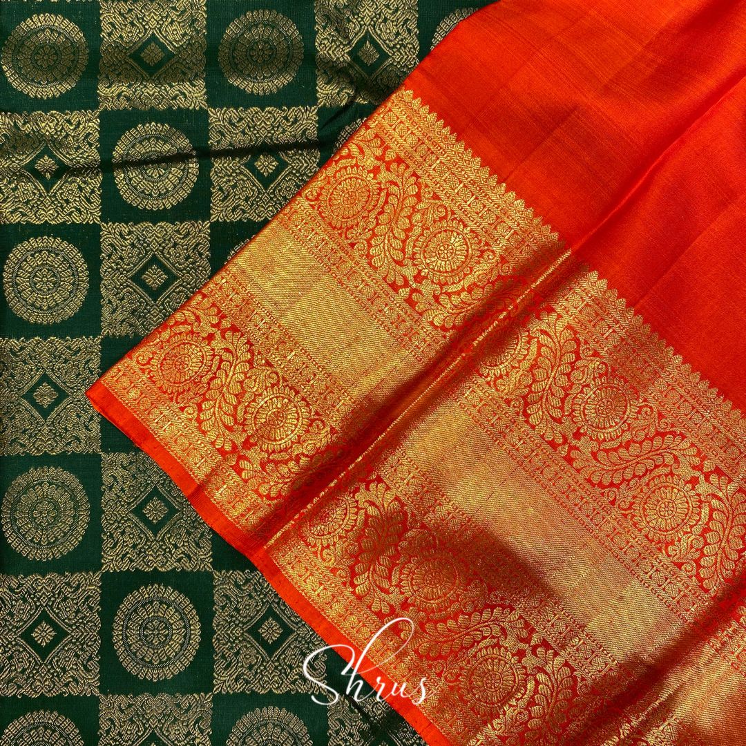 Green & Orange- Kanchipuram Silk with gold Zari & Border - Shop on ShrusEternity.com