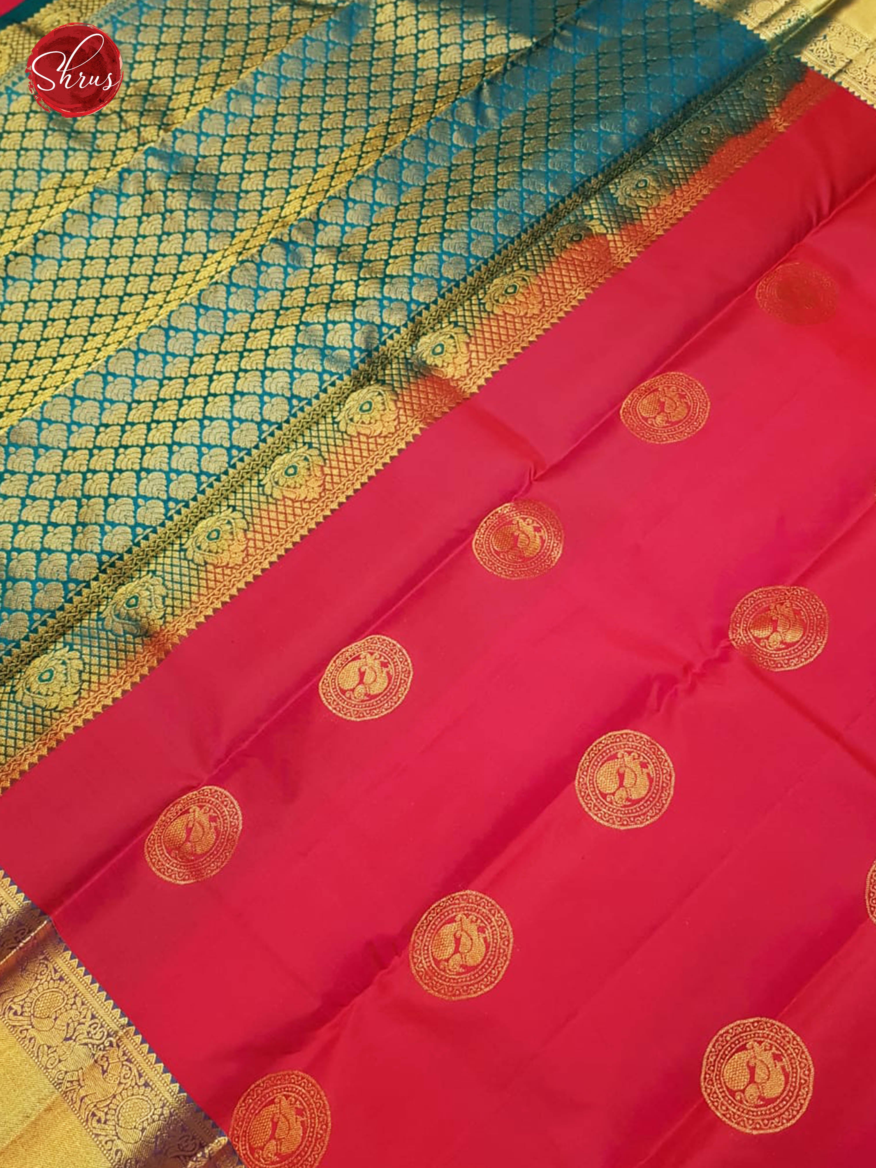 Pink & Green - Kanchipuram Silk with Zari woven peacock motifs on the body & Gold Zari Border - Shop on ShrusEternity.com