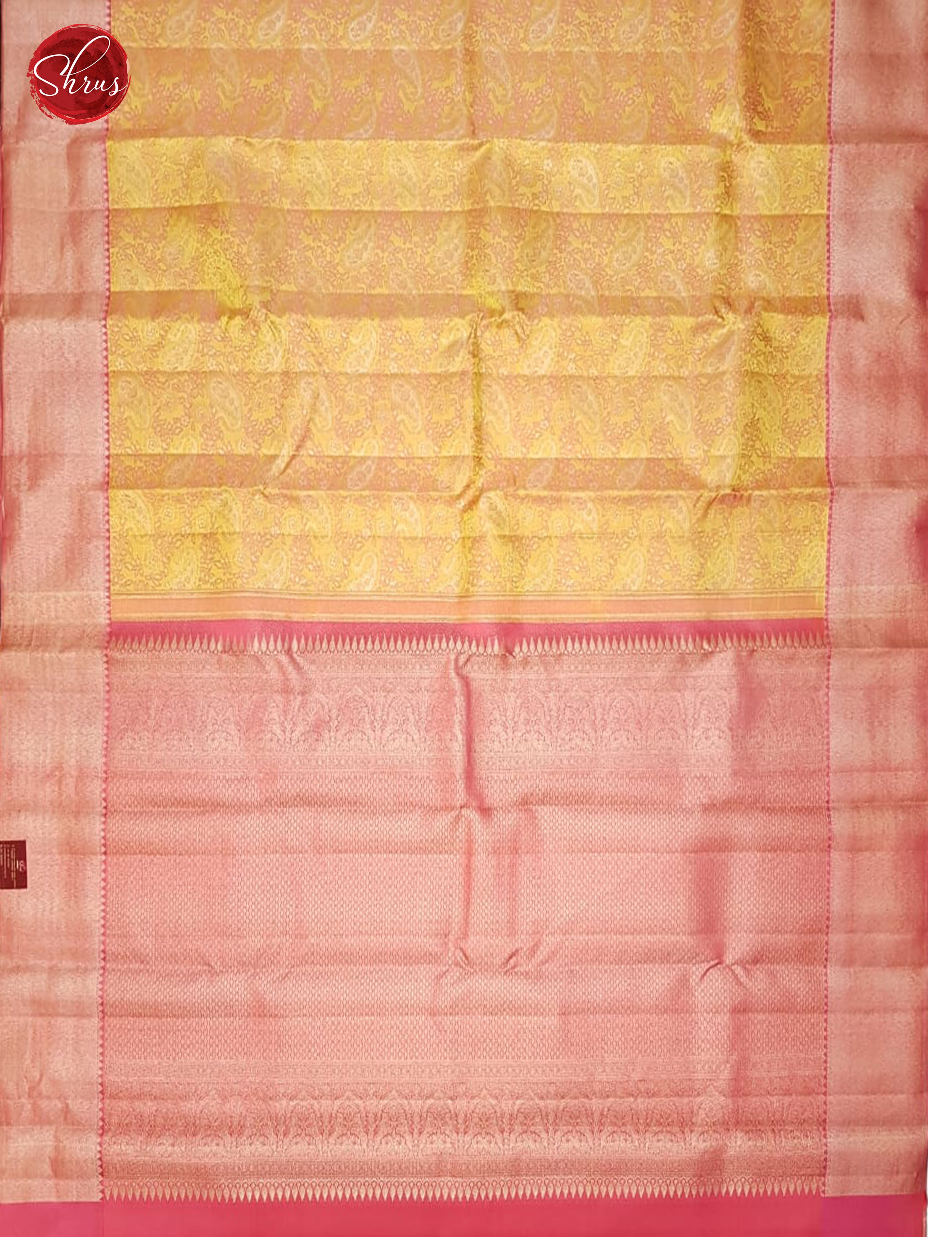 Golden Yellow & Pink - Kanchipuram Silk with zari woven paisleys brocade on the body & Zari Border - Shop on ShrusEternity.com