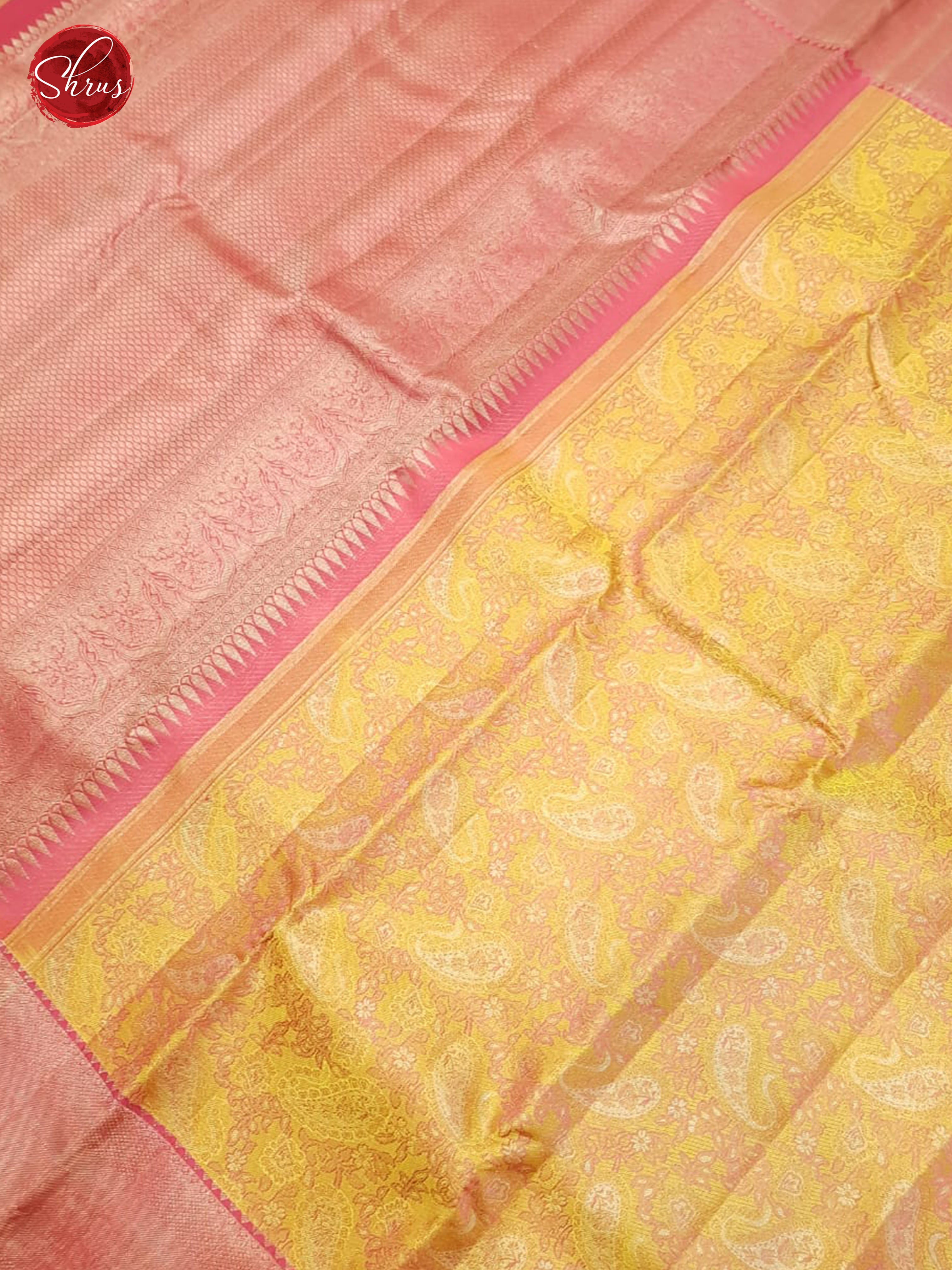 Golden Yellow & Pink - Kanchipuram Silk with zari woven paisleys brocade on the body & Zari Border - Shop on ShrusEternity.com