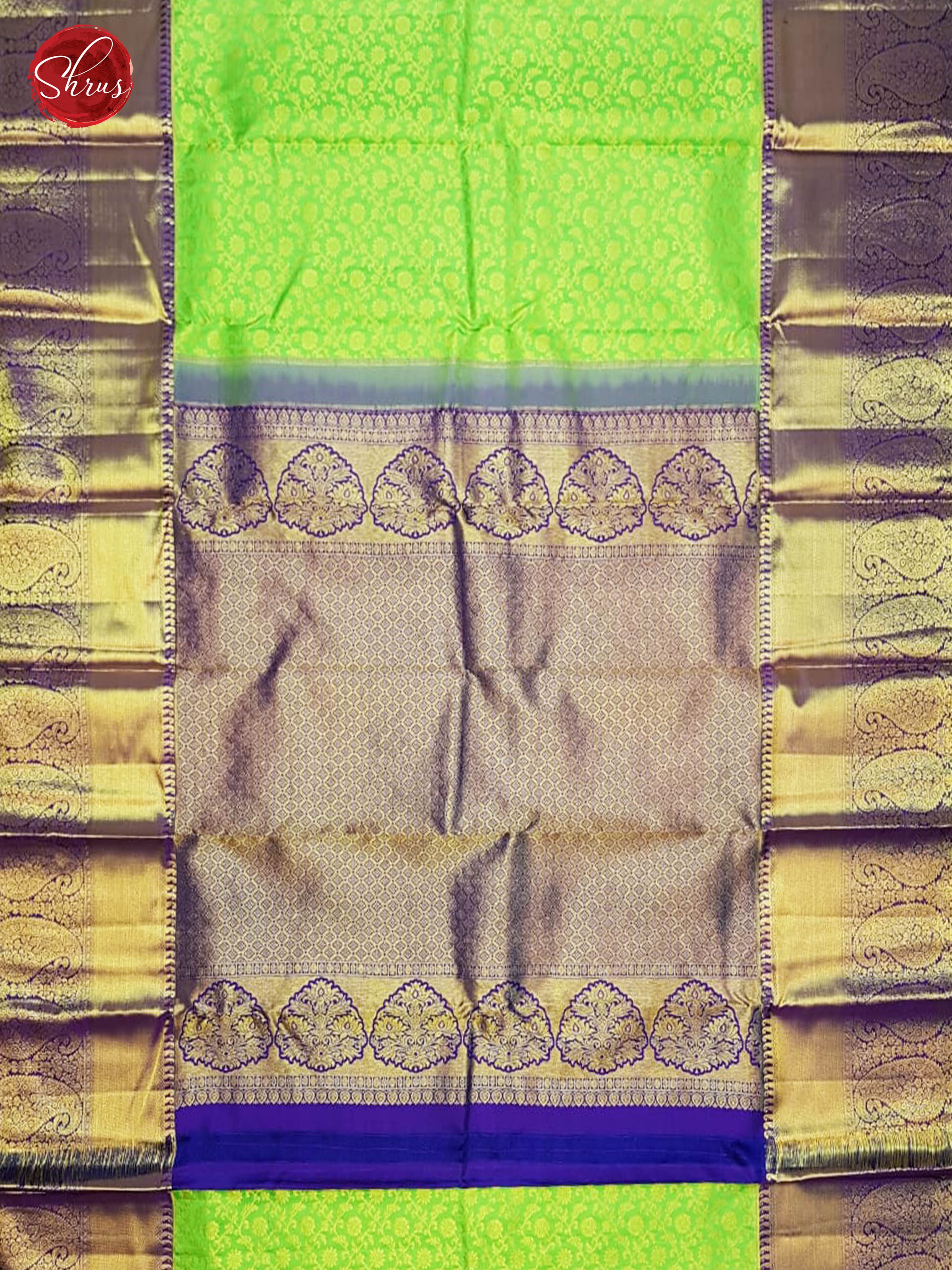 Parrot Green & Blue - Kanchipuram Silk with Zari woven floral brocade on the body & Contrast Zari Border - Shop on ShrusEternity.com